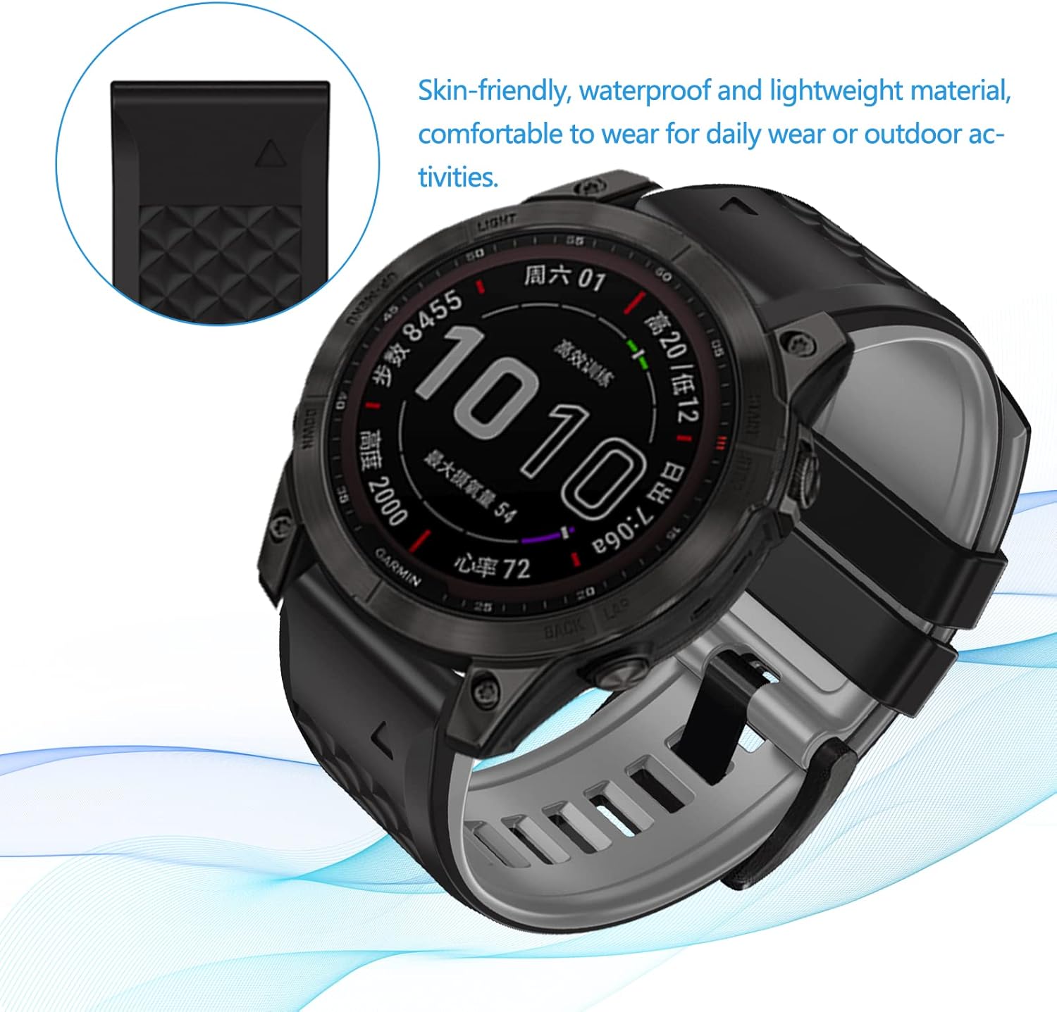 Thumbnail 3 de LanQii 22 mm QuickFit Silikon-Armband (schwarz/grau) für Garmin Tactix 8 & Fenix 47 mm