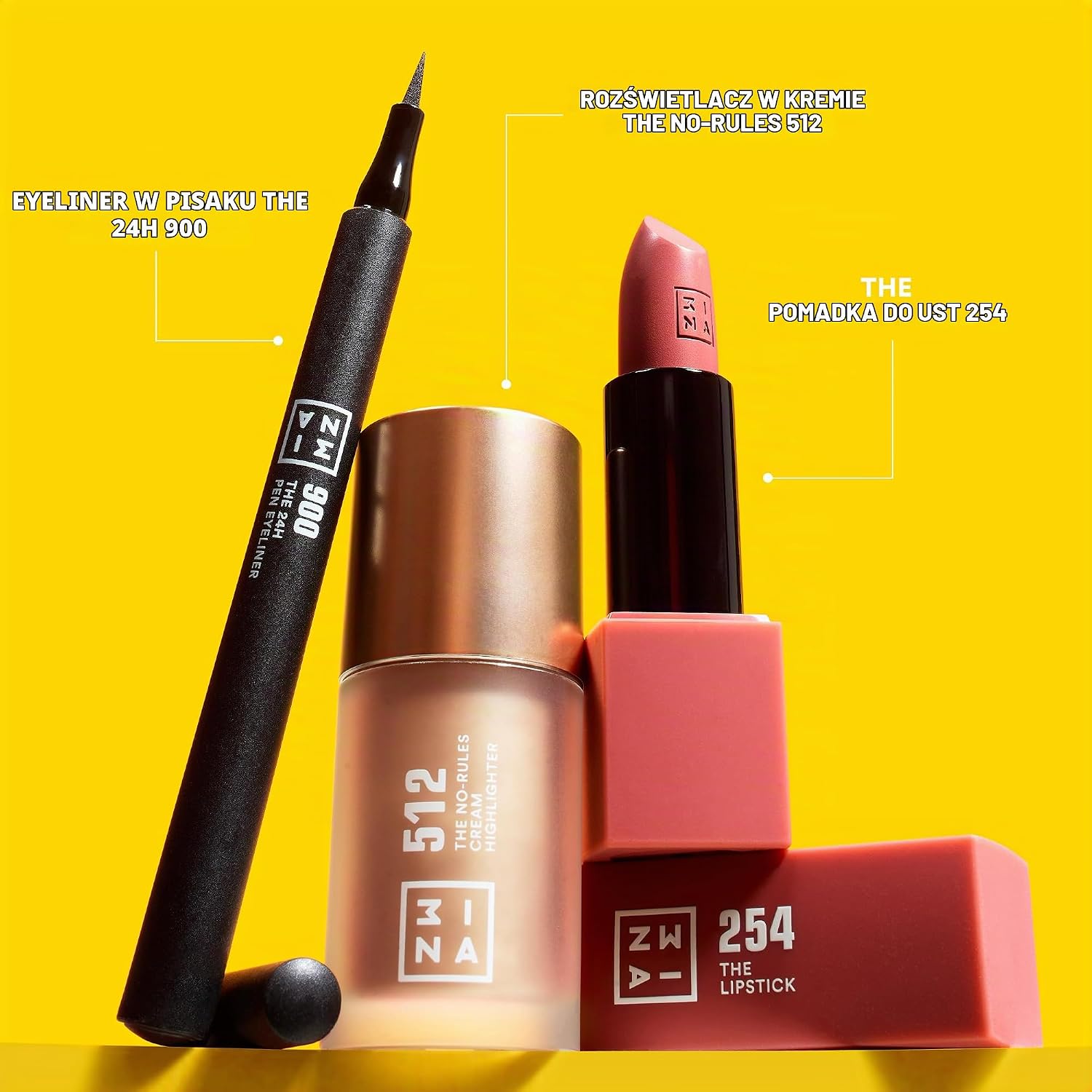 Detalle de 3INA The Shine O'Clock Kit – zestaw do makijażu z eyelinerem, pomadką i rozświetlaczem