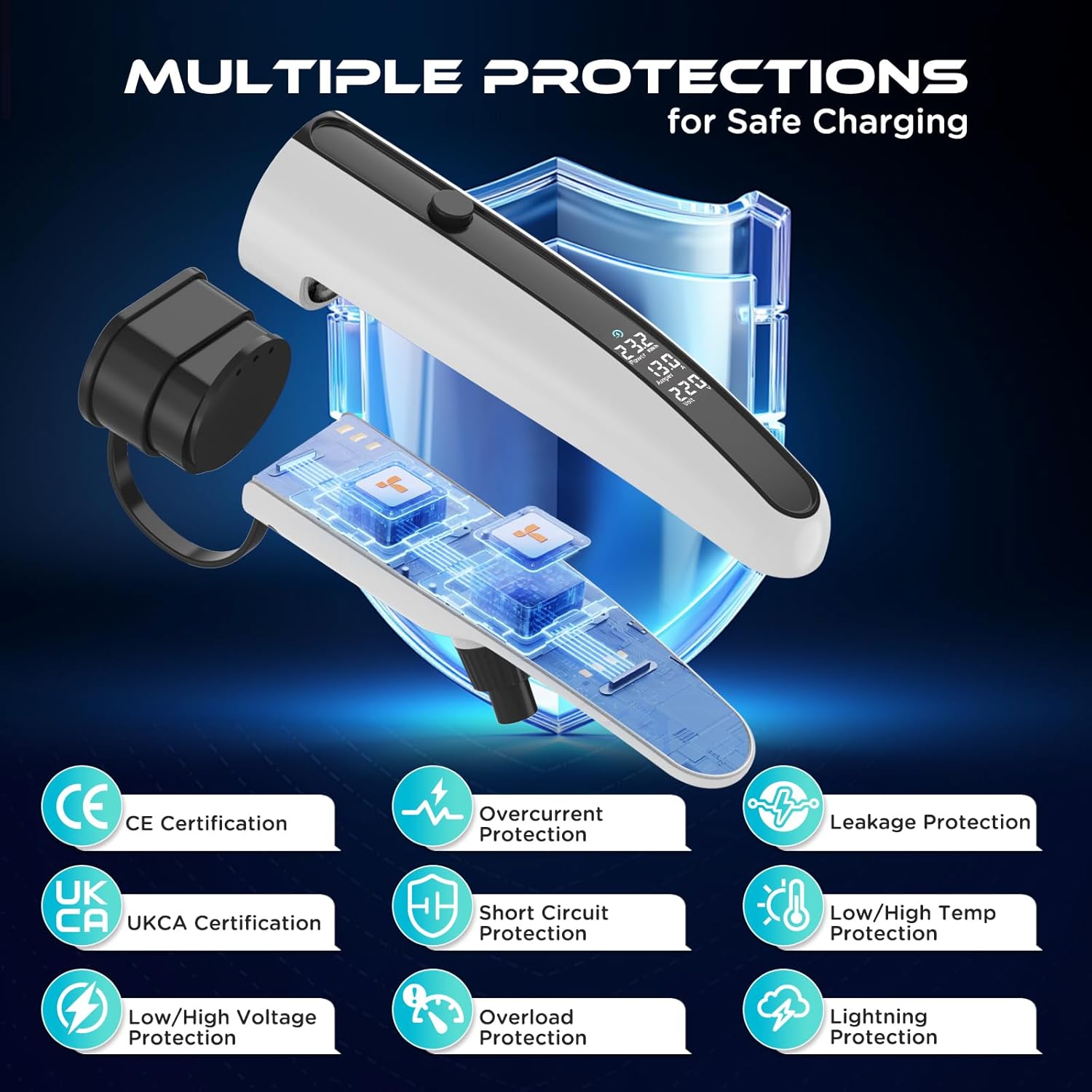 Thumbnail 2 de Portable EV charging cable Type 2 to 3-pin plug, 3kW (8/10/13A) with LED display and storage bag – 7.5m (White)