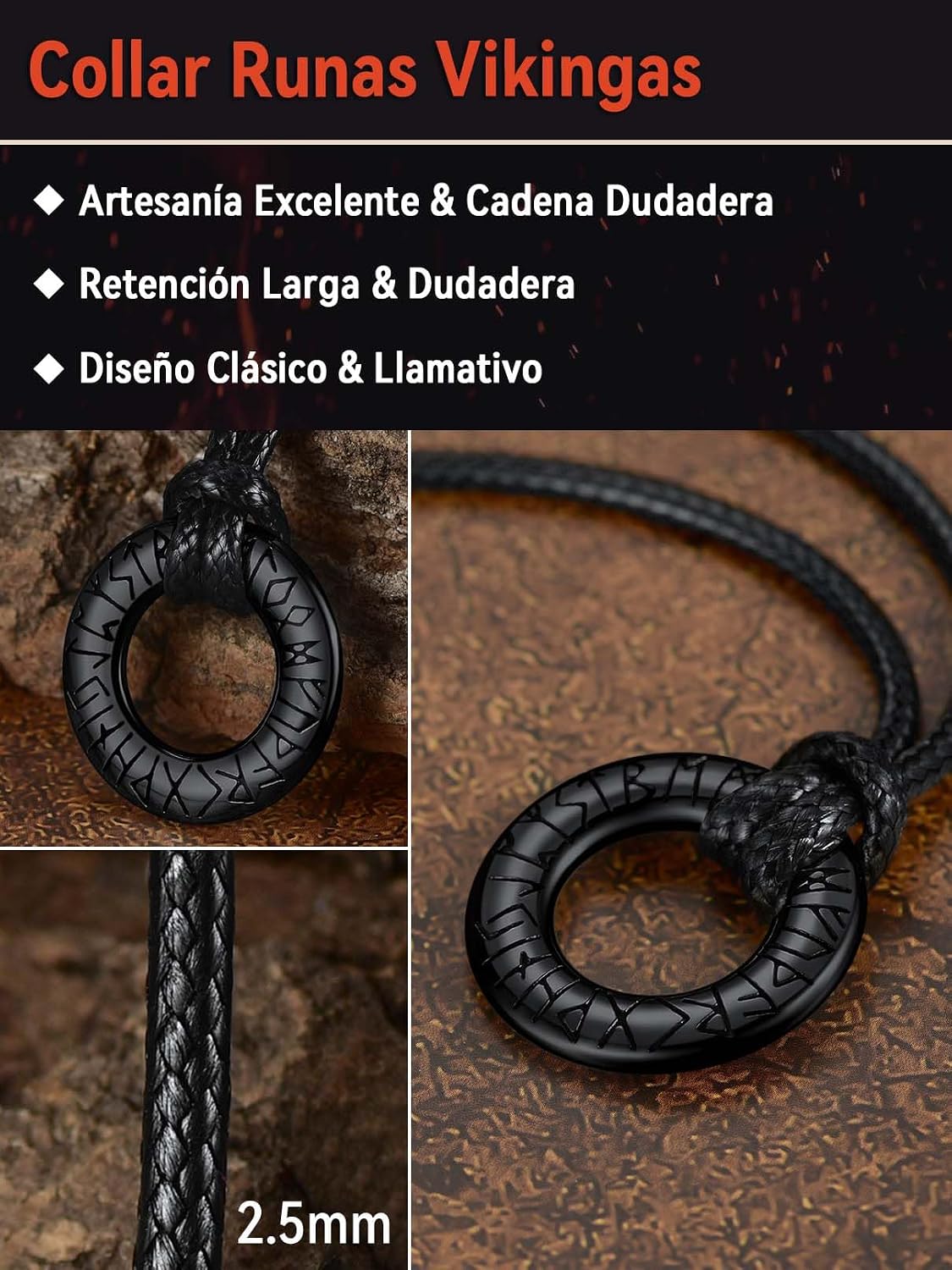 Thumbnail 4 de FaithHeart Collar Vikingo con runas en acero inoxidable 316L (negro, círculo pequeño) para hombre y mujer