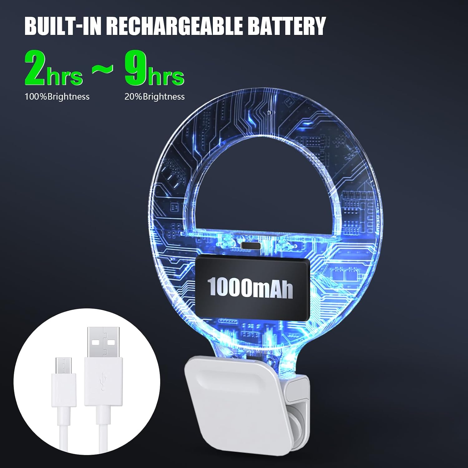 Thumbnail 2 de Diyife Selfie Ring Light (360° rotation, rechargeable 1000mAh) with 60 LEDs and 10 brightness levels