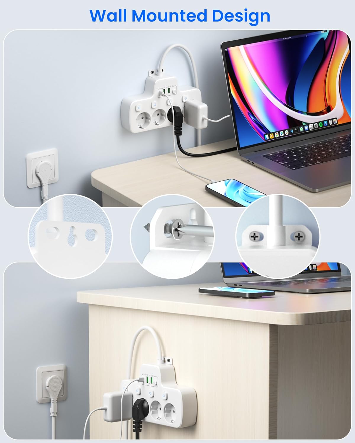 Thumbnail 6 de Ciabatta Multipresa con Interruttori Indipendenti, 4 prese Schuko + USB (USB-C) – 2 m, design sottile, Bianca