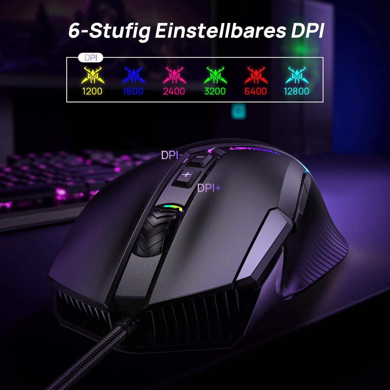 Detalle 2 de TECKNET kabelgebundene Gaming-Maus (12800 DPI, 8 programmierbare Tasten, 13 RGB) für Rechtshänder