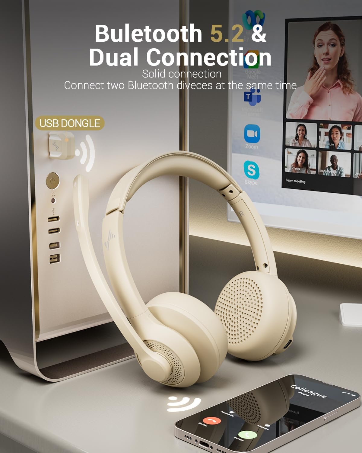 Detalle de JIAMQISHI EH02U Wireless Headset with AI Noise Cancelling Microphone and Bluetooth 5.2