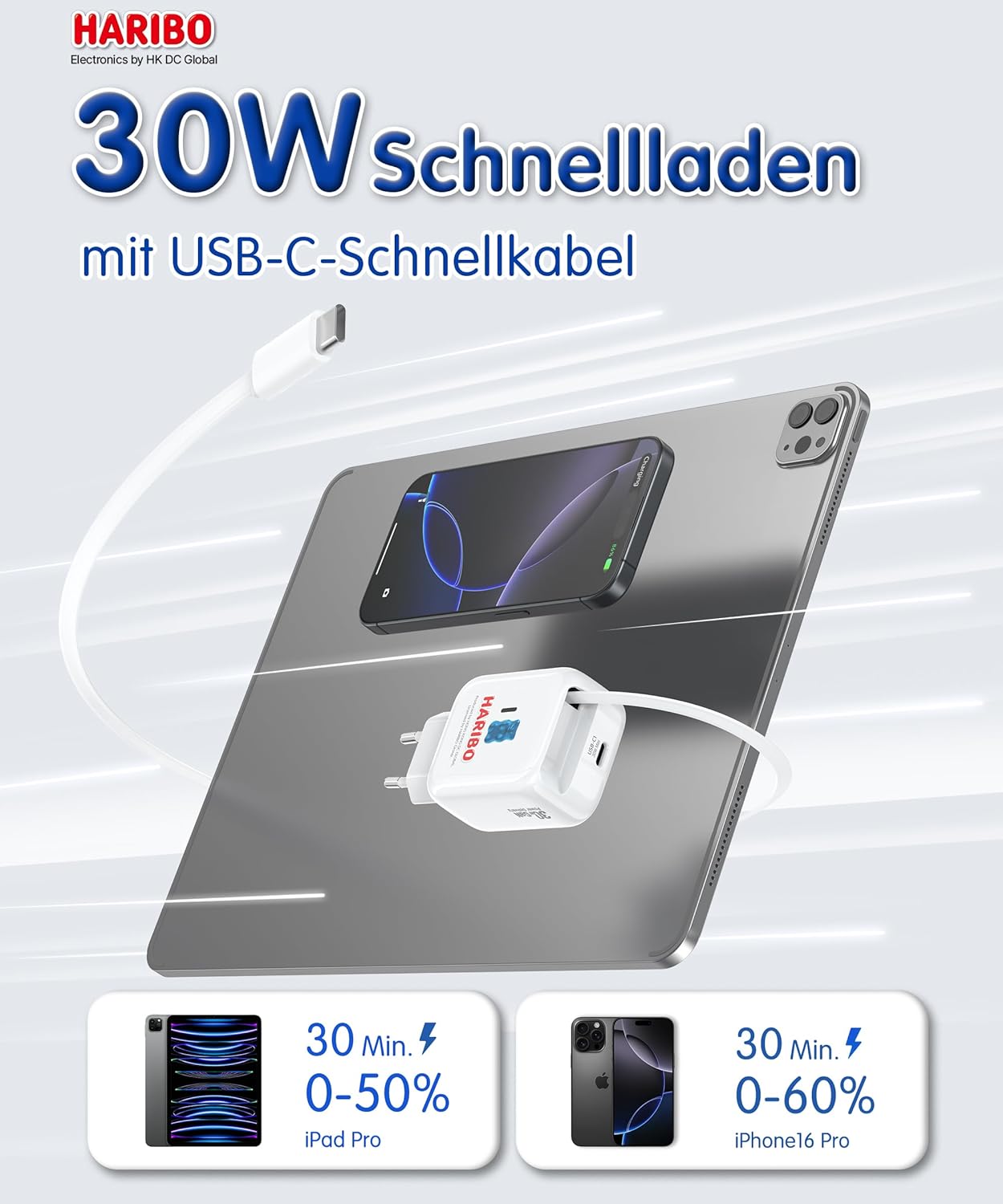 Thumbnail 1 de HARIBO 30W USB-C Ladegerät mit einziehbarem Kabel – GaN Netzteil mit zwei USB-C Ports