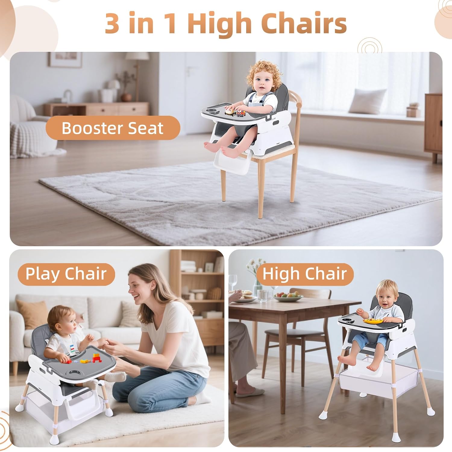 Detalle de Cozydwells 3-in-1 High Chair for Babies and Toddlers (Grey)