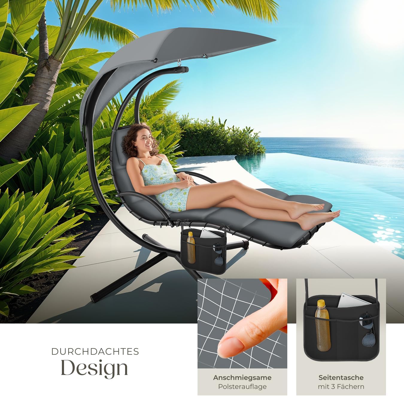 Detalle 2 de tectake® Hängeliege mit Gestell – Schwebeliege mit Sonnendach, Polsterauflage und Tasche