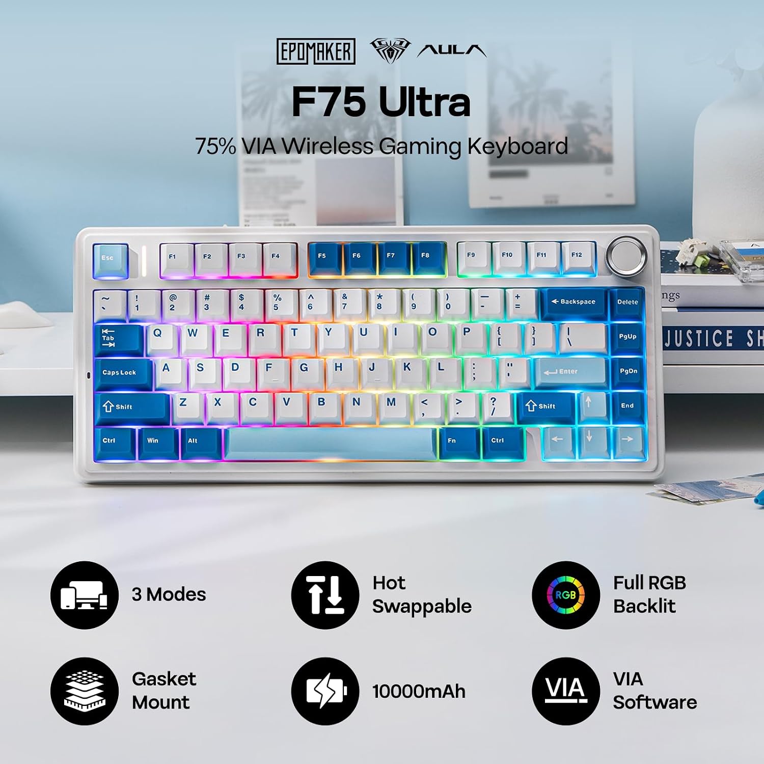 Thumbnail 1 de EPOMAKER AULA F75 Ultra Wireless Mechanical Keyboard (White, Reaper Switch)