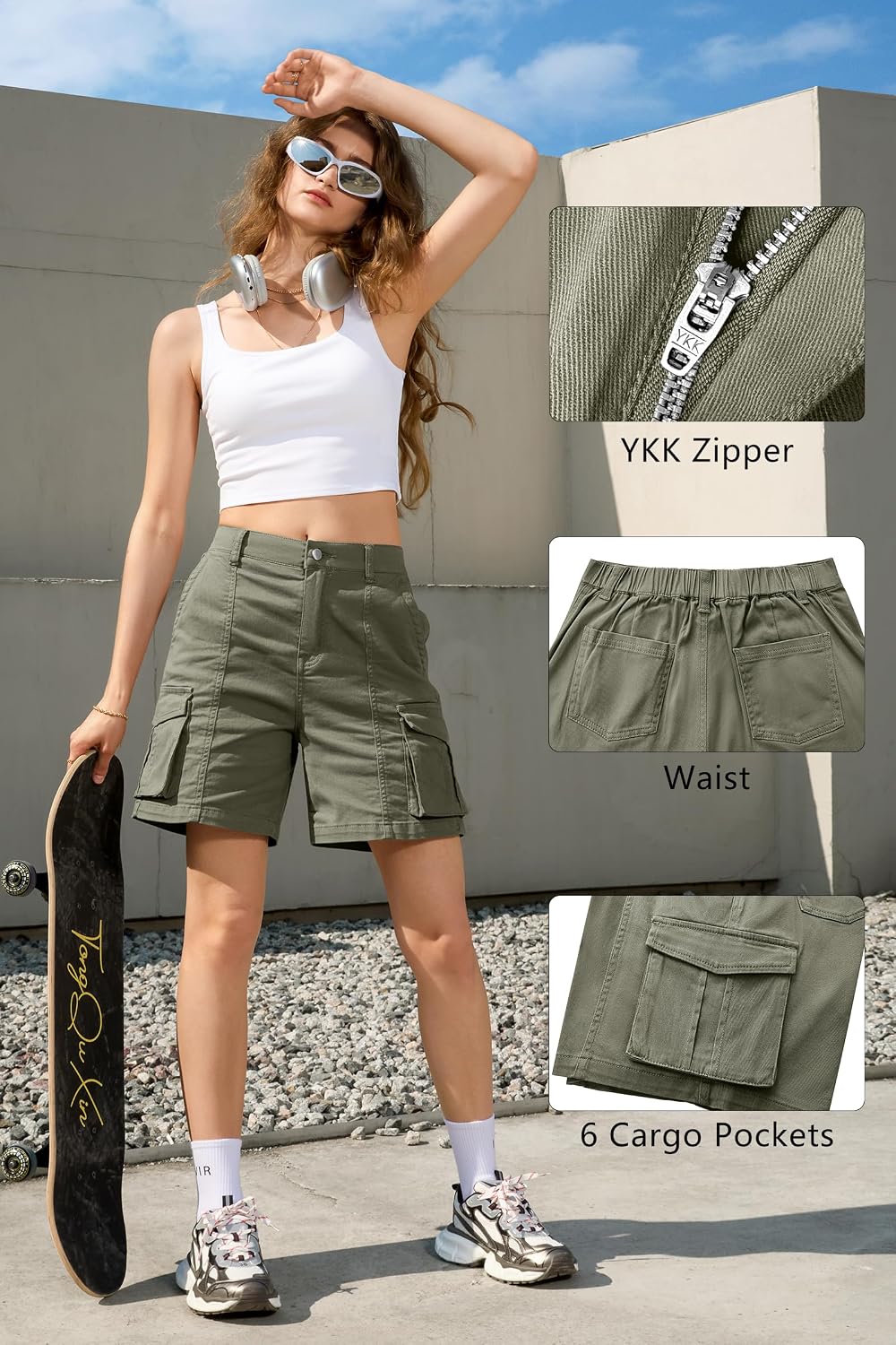 Detalle de IVIR Bermuda Cargo Shorts for Women — Knee-Length, 6 Pockets, Elastic Waist
