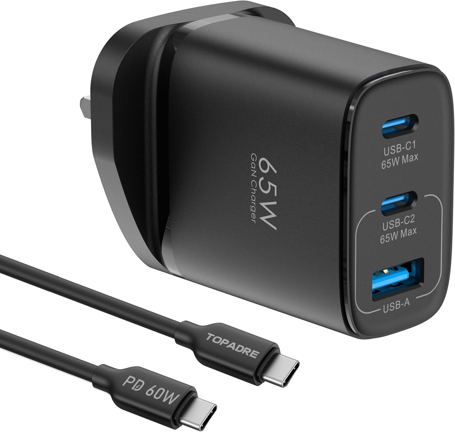 TOPADRE 65W USB-C Charger (3 Ports) with QC4.0/PPS/PD3.0, Black