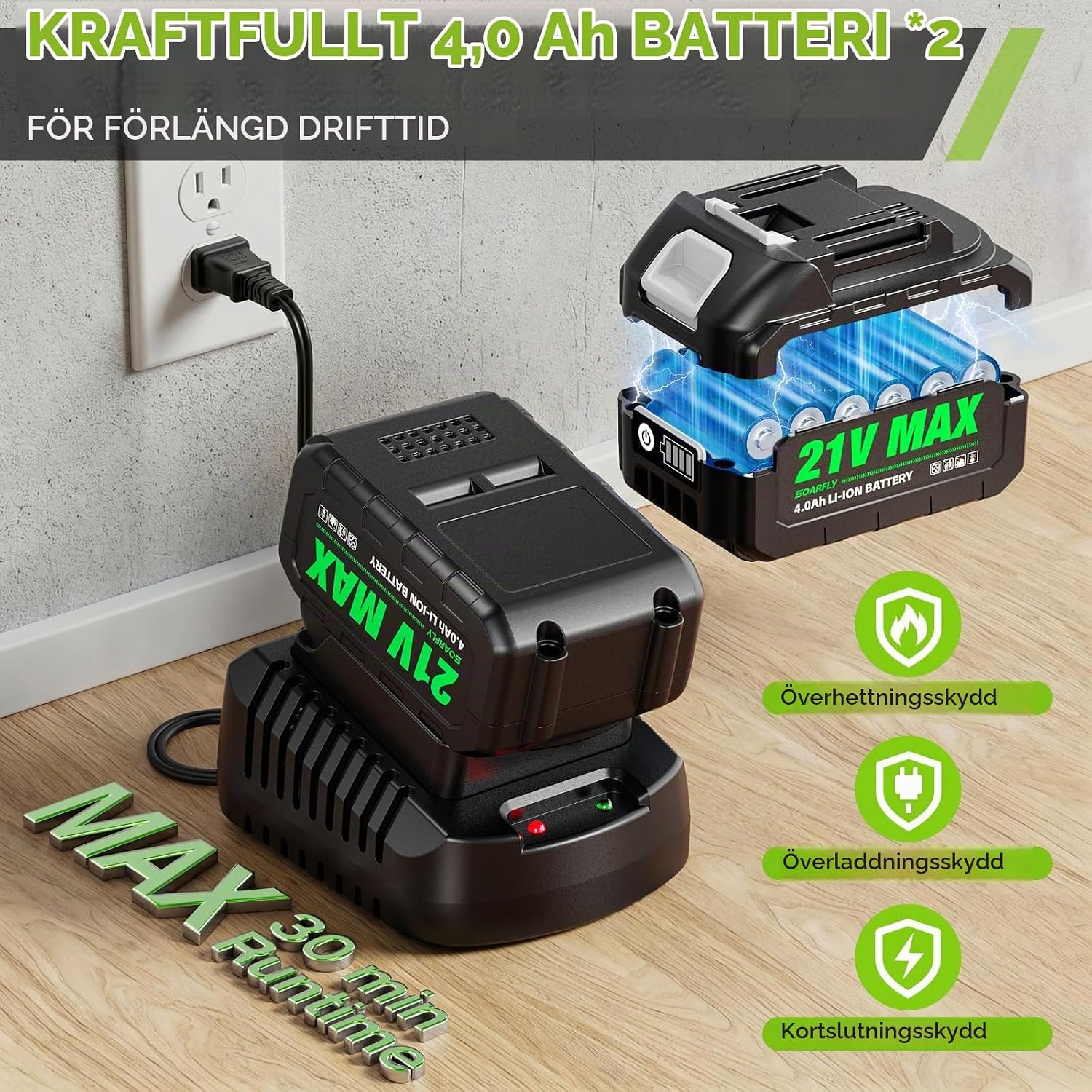 Detalle de SOARFLY 1 batteridriven lövblås med två 4,0 Ah-batterier
