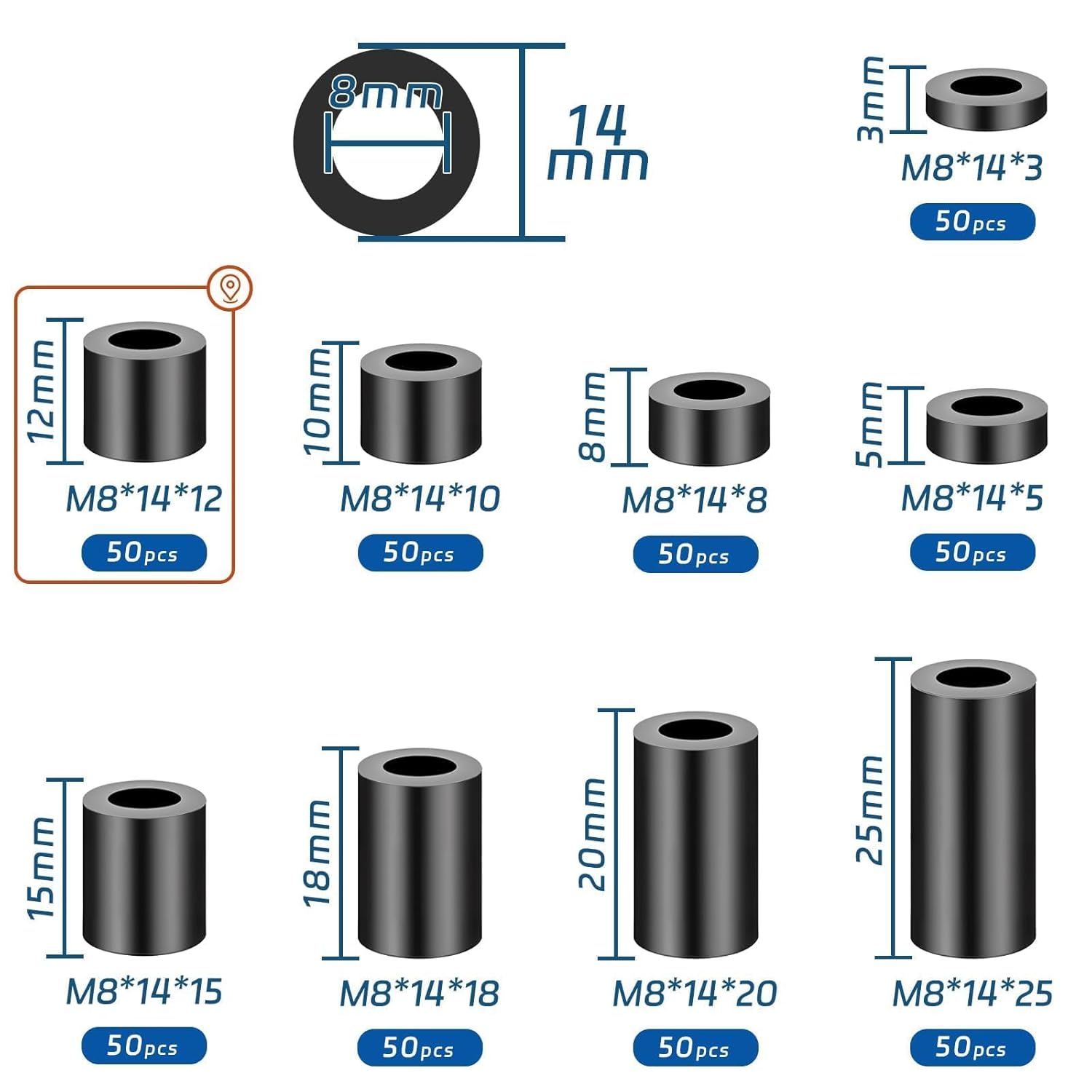Thumbnail 1 de SWTYExt Kunststoff Distanzhülsen M8 – runde Abstandshalter für M8-Schrauben, 50 Stück (ABS/Nylon), schwarz