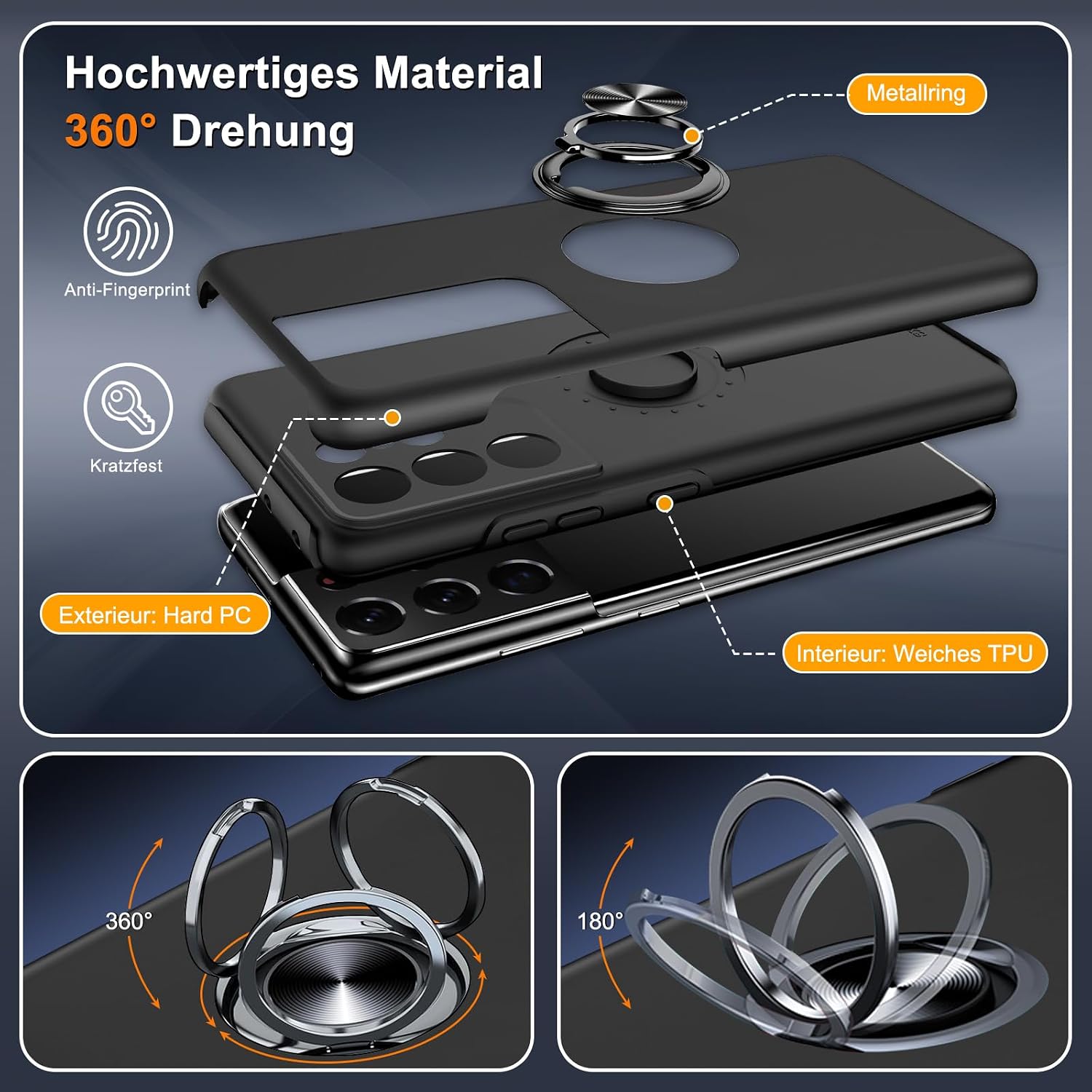 Detalle 2 de Handyhülle für Samsung Galaxy S21 Ultra mit Ringständer, Schutzfolie und Kratzschutz – Schwarz