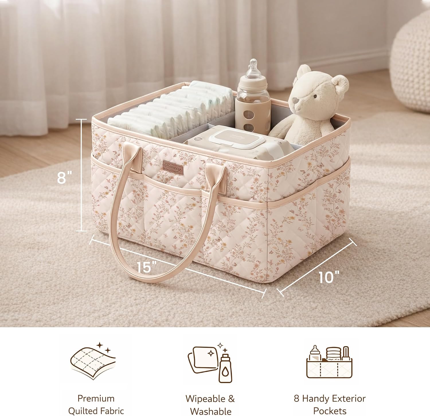 Detalle 2 de Konssy Floral Diaper Caddy Organizer, Quilted Polyester with Removable Divider