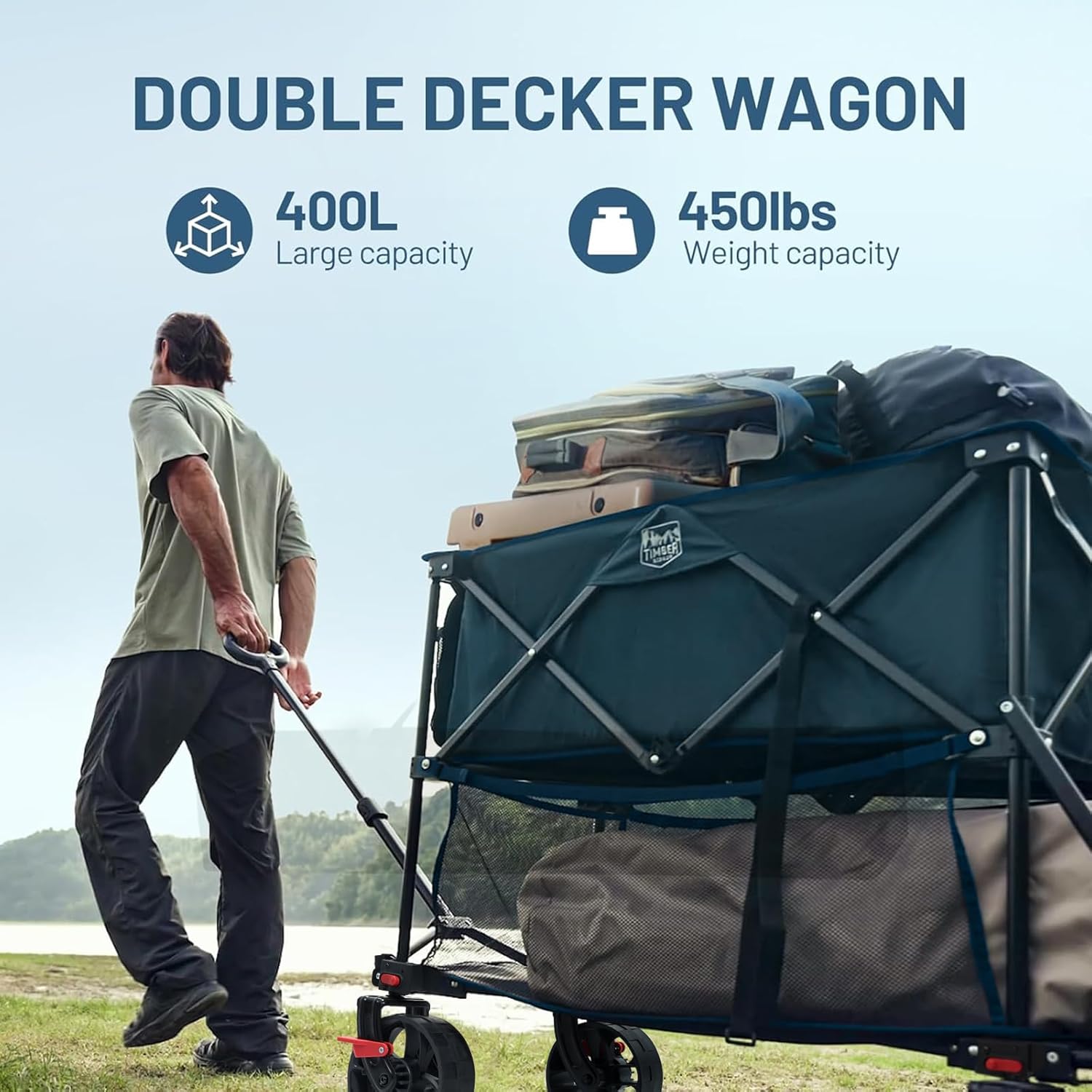 Thumbnail 1 de TIMBER RIDGE 400L Large Capacity Folding Double Decker Wagon Cart with Brakes (54" Extender, 450 lbs)