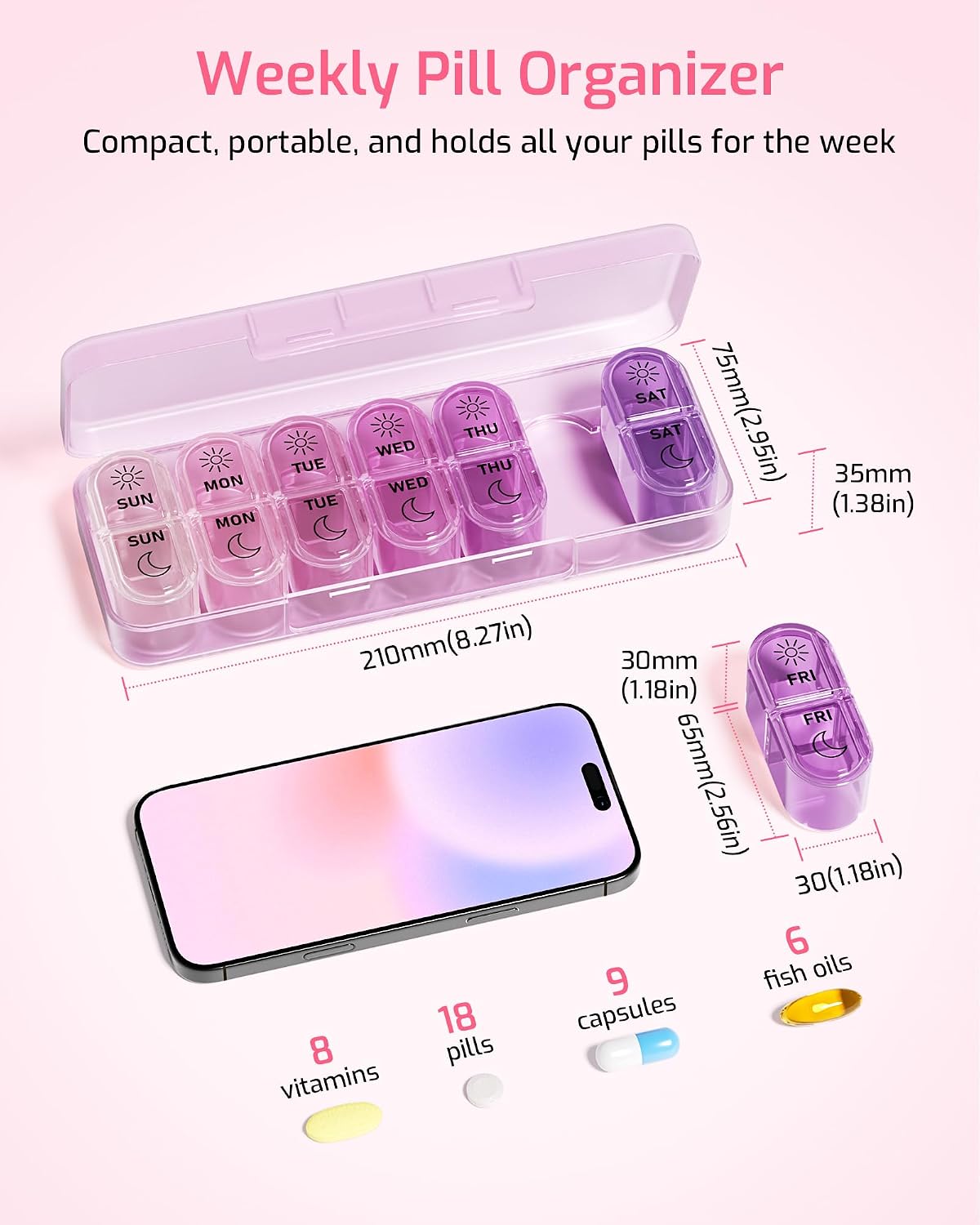 Thumbnail 1 de Daviky Weekly AM/PM Pill Organizer, 7-Day Easy-Open Box in Purple-Pink