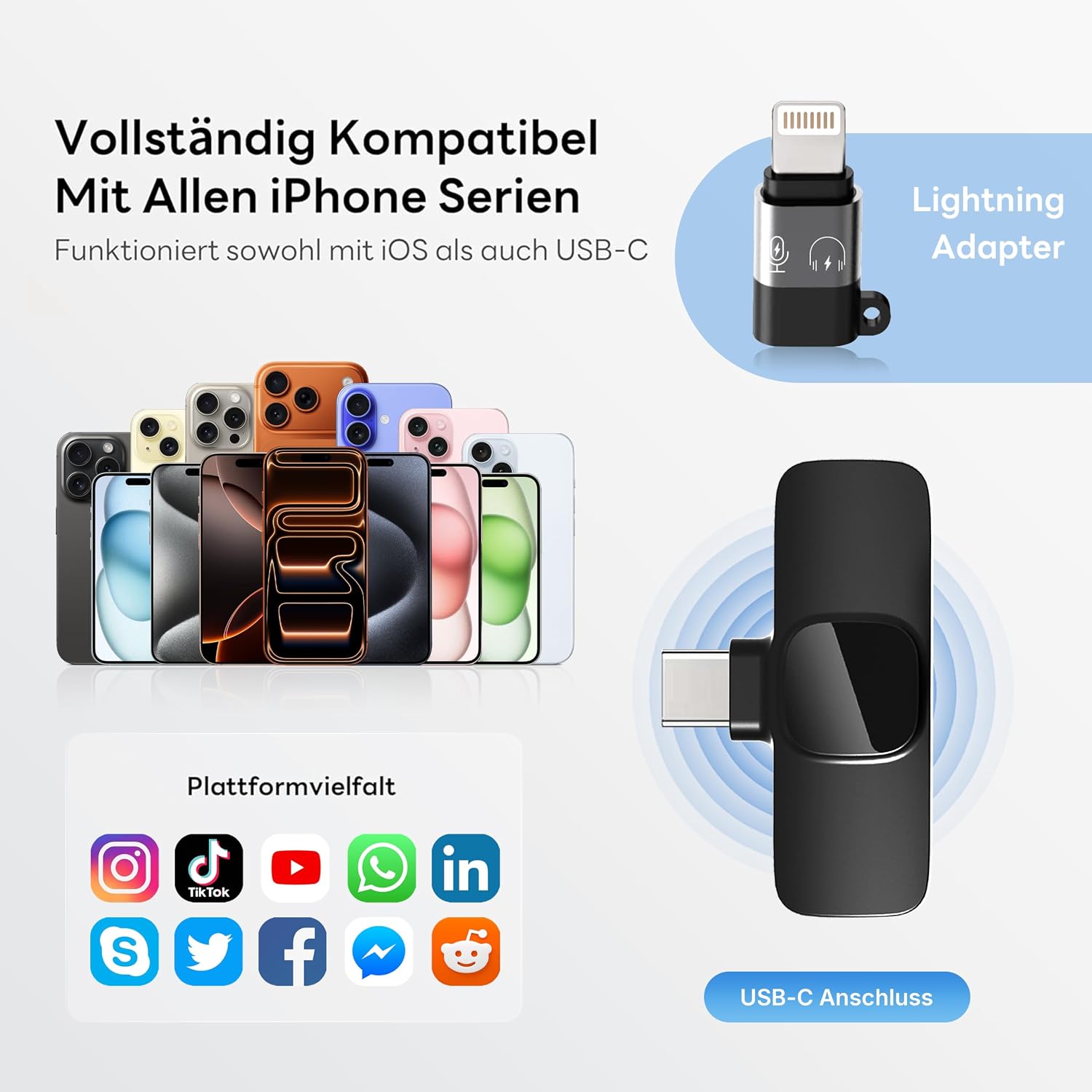 Detalle 2 de Qhot Kabelloses Lavalier Mikrofon für iPhone & Android – DSP-Rauschunterdrückung, 2,4-GHz, USB-C & Lightning