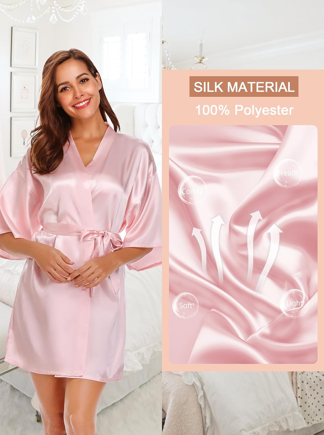 Detalle de Wikoan Peignoir de Bain Femme Satin Robe de Chambre Kimono Court