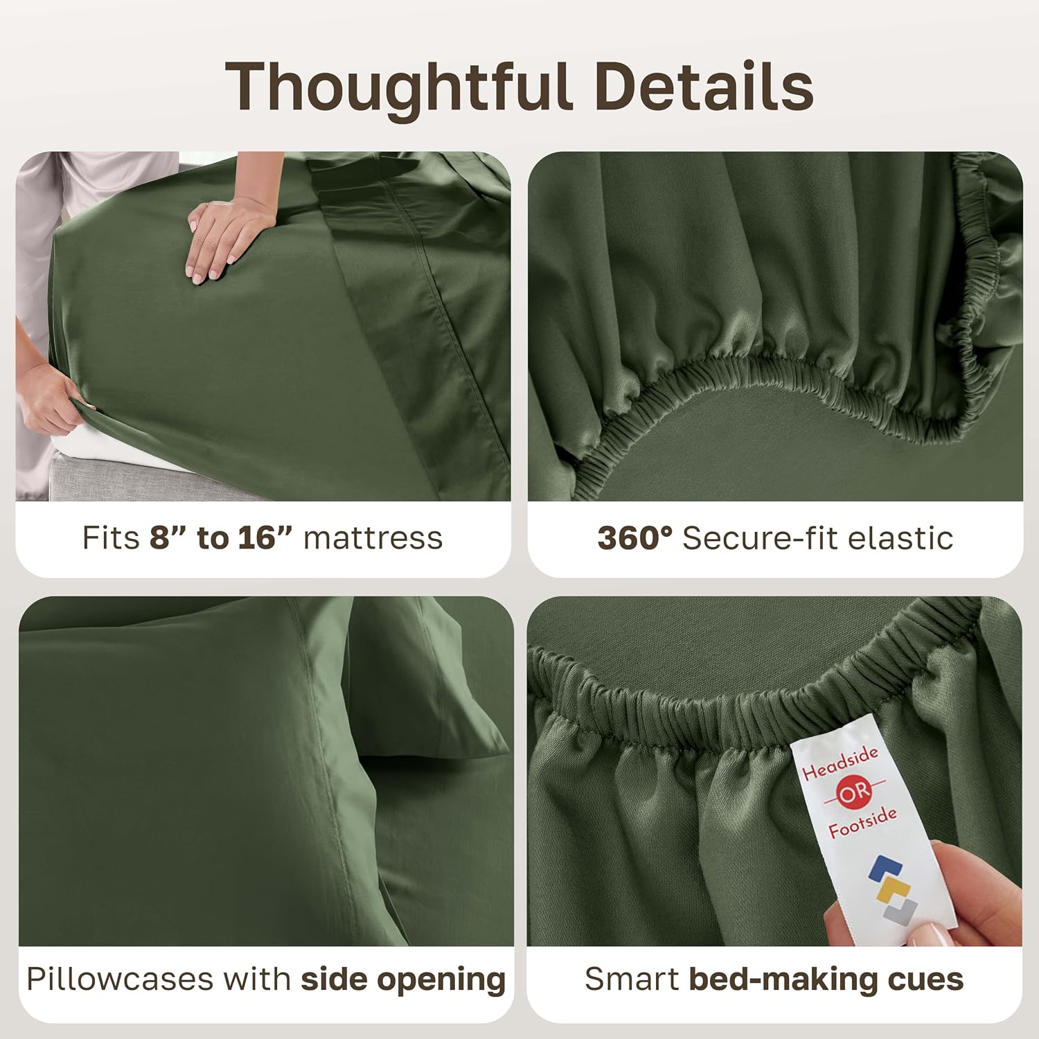 Detalle 2 de California Design Den 600 Thread Count Queen Cotton Sateen Sheets, Dark Olive Green