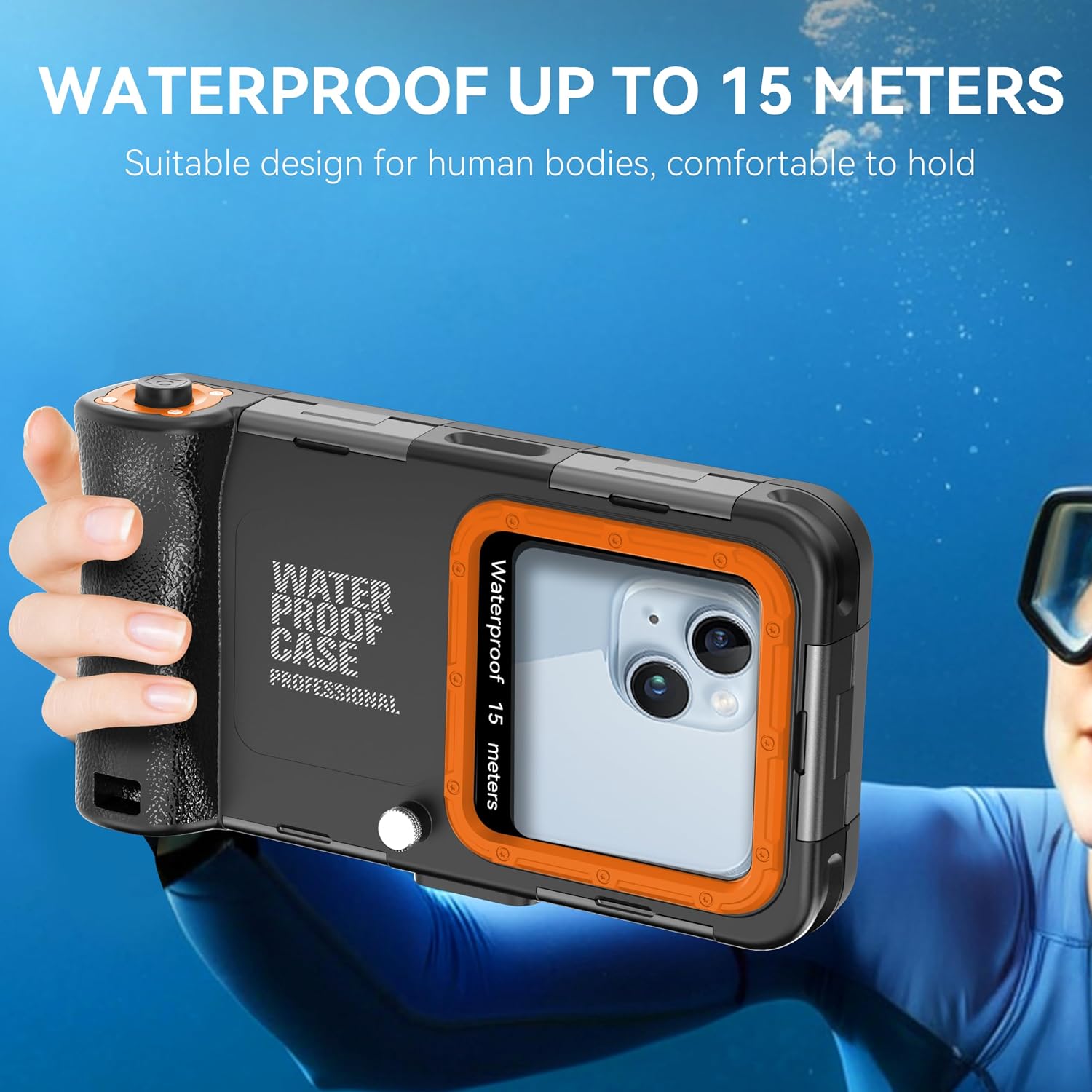 Detalle de Unterwasser-Tauchgehäuse für iPhone 17/16/15/14 Pro Max & mehr – wasserdicht bis 15 m (schwarz-orange)