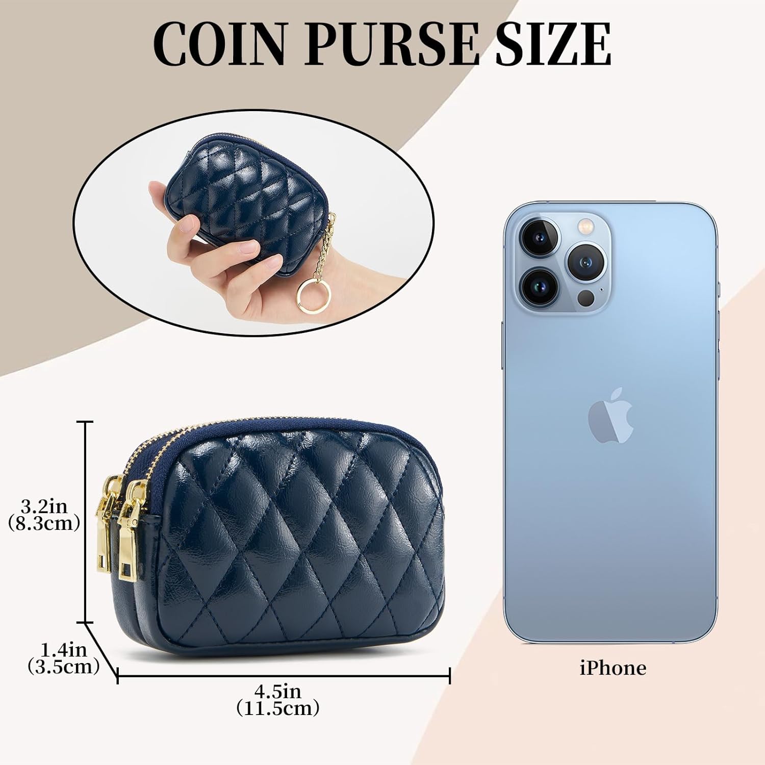 Thumbnail 1 de QIUTIMY Women’s Small Purse: Quilted Blue Artificial Leather Coin Wallet with Double Zips