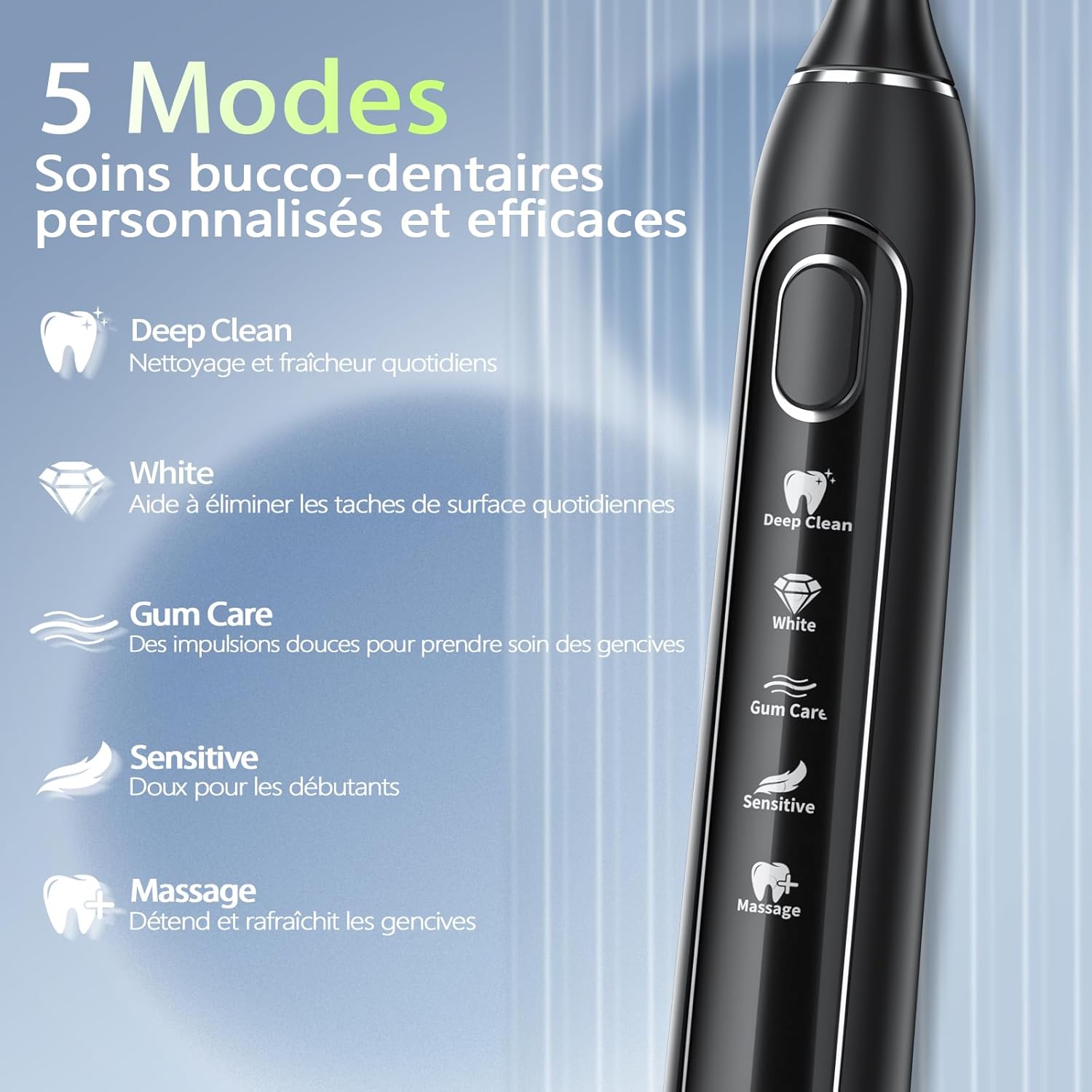 Detalle de OasiSmile Brosse à Dents Électrique Soniques pour Adultes — 5 modes, autonomie 100 jours, 6 têtes incluses