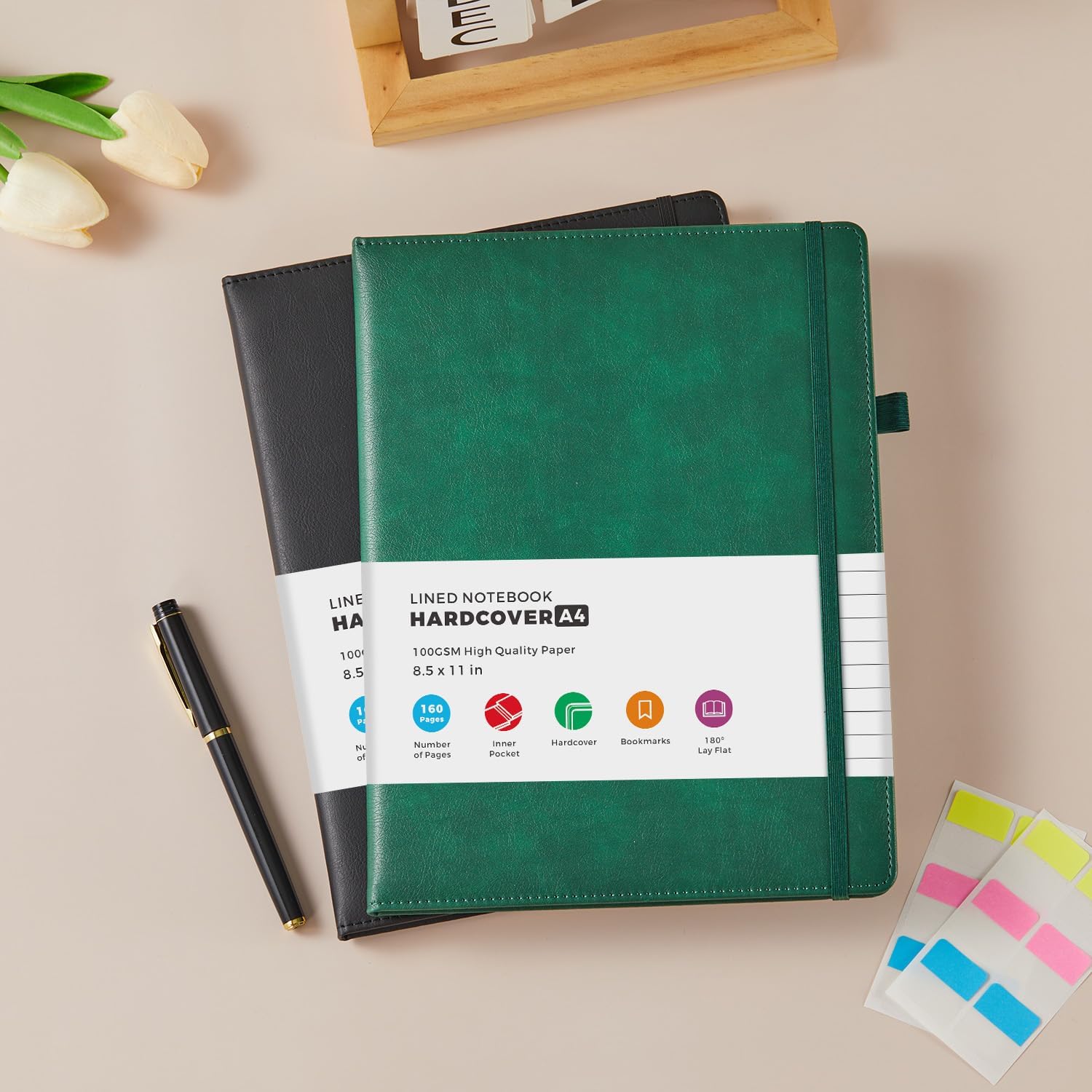 Detalle de FOCUS DAY A4 Lined Journaling Notebook, 2-Pack, PU Leather Hardcover