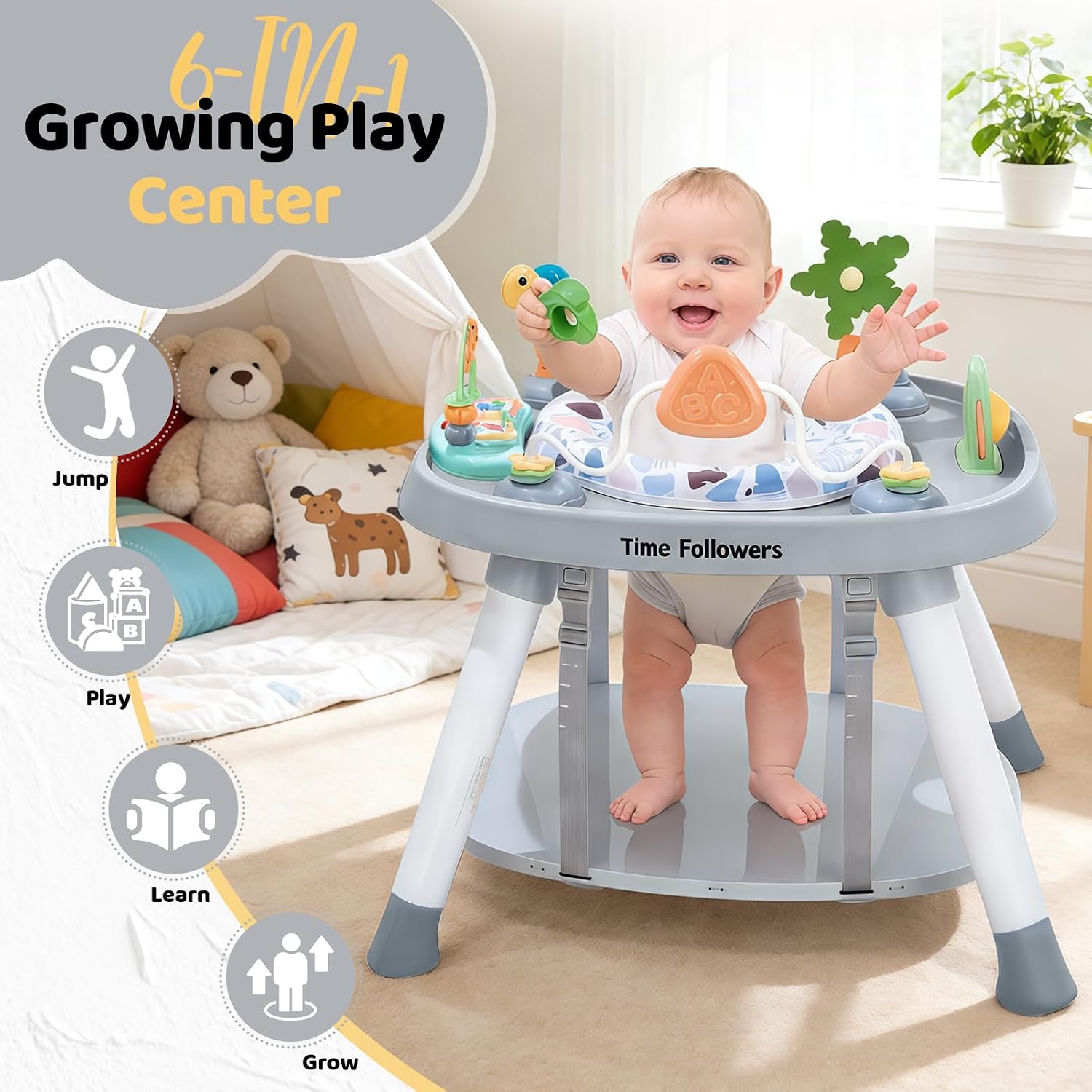 Detalle de Time Followers 6-in-1 Baby Activity Center (4-Stage Montessori-Inspired) in Grey