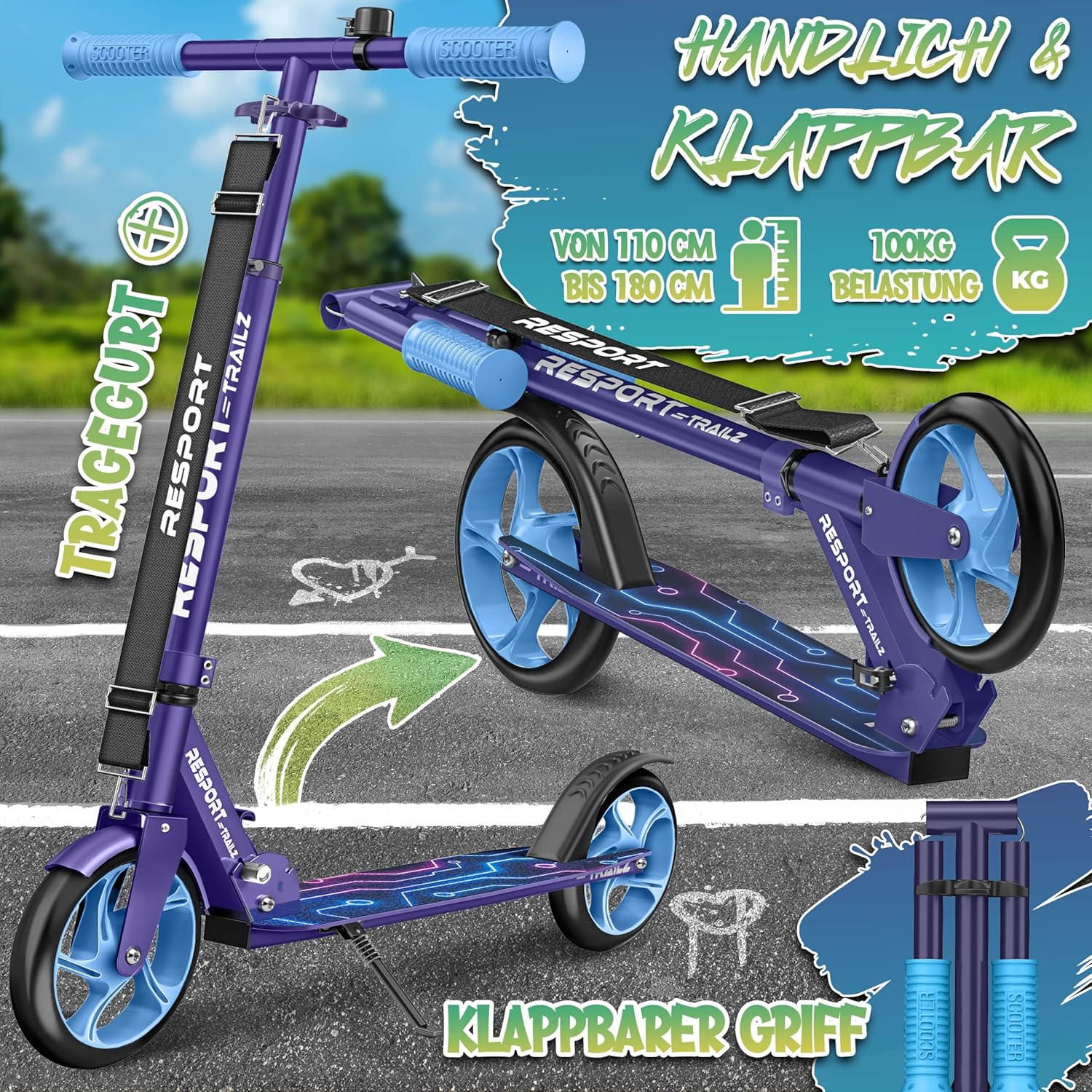 Thumbnail 1 de RE:SPORT Cityroller – höhenverstellbar, klappbar bis 100 kg, Klingel & Tragegurt