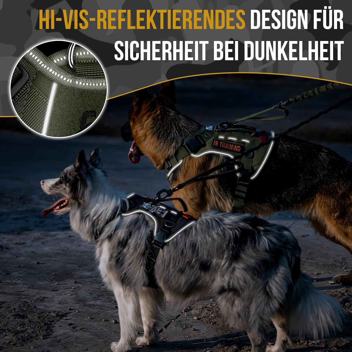 Detalle 2 de OneTigris Harnais TACTICLITE pour chien de taille moyenne – harnais tactique résistant à la traction, 4 anneaux en D, bandes réfléchissantes, noir, taille M