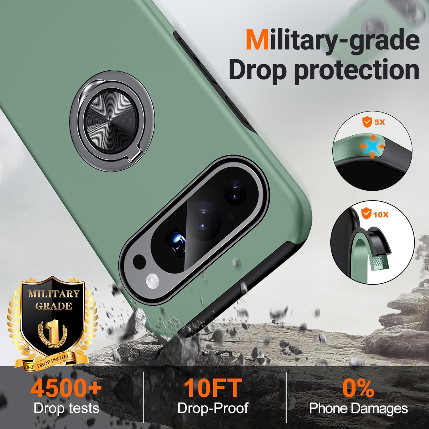 Detalle de AOUIA 360° Spin Stand Case for Google Pixel 9 (Alpine Green) — Slim, Drop-Proof Protection