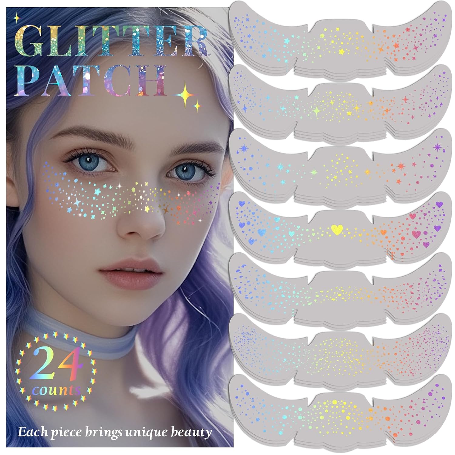 Detalle de 24pcs Glitter Freckles Makeup Patches – Holographic Multicolor Face Glitter Speckles
