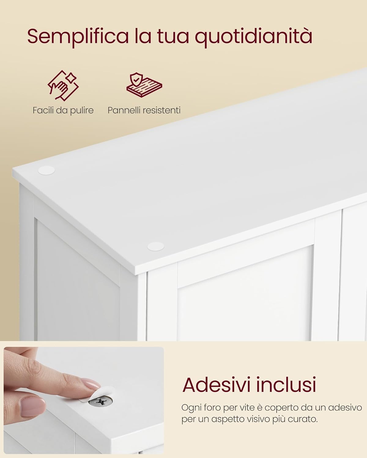 Thumbnail 5 de VASAGLE BBC553WH01 — Mobiletto da bagno con 2 vani, ante regolabili e antiribaltamento, bianco Nuvola