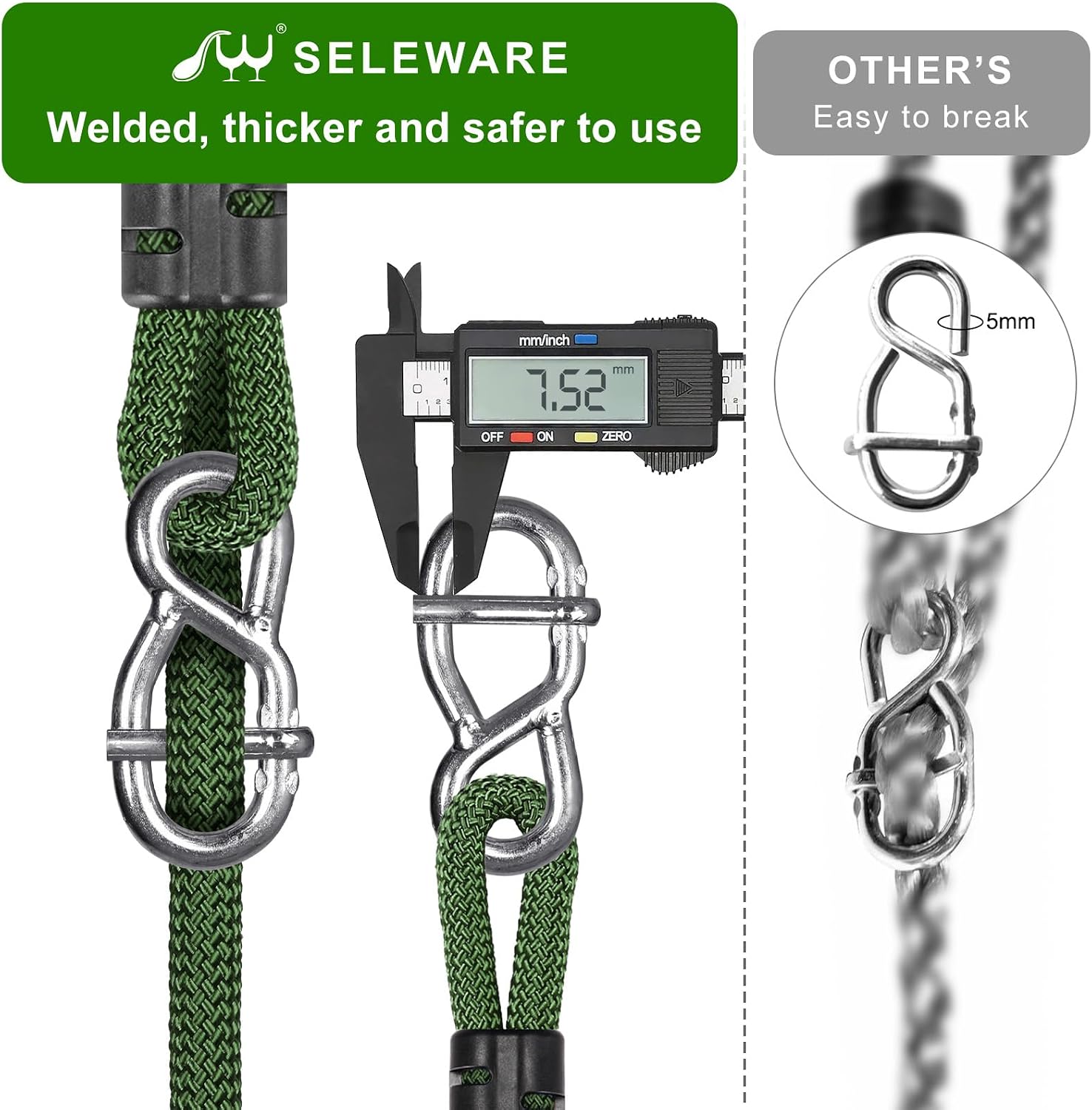 Detalle 2 de SELEWARE Schaukel Befestigung Seil – Verstellbares Seil mit Karabiner, 183 cm, Tragfähigkeit 453 kg