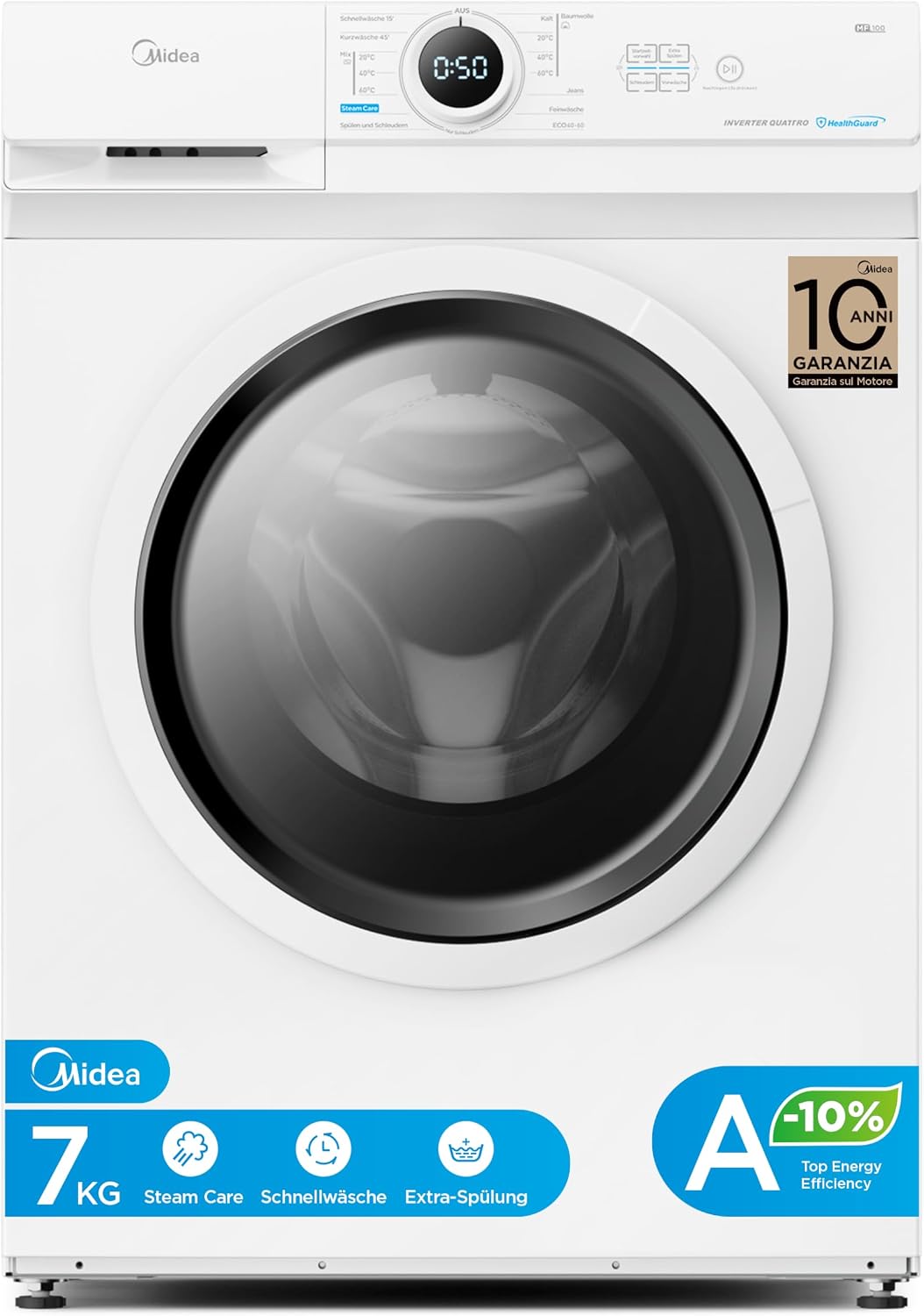 Detalle de Midea Waschmaschine MF10EW70BA10 – 7 kg, Energieklasse A-10%, 1400 U/min, Weiß