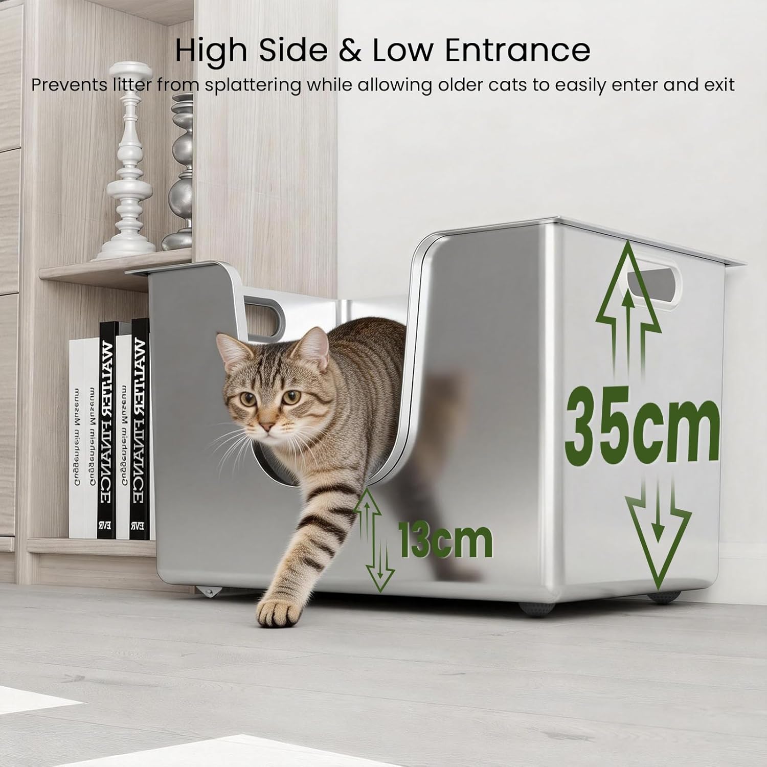 Thumbnail 2 de PTLOM Edelstahl-Katzentoilette XXXL mit niedriger Einstiegskante, 35 cm hohen Rändern (58×38×35 cm) – auslaufsicher & leicht zu reinigen