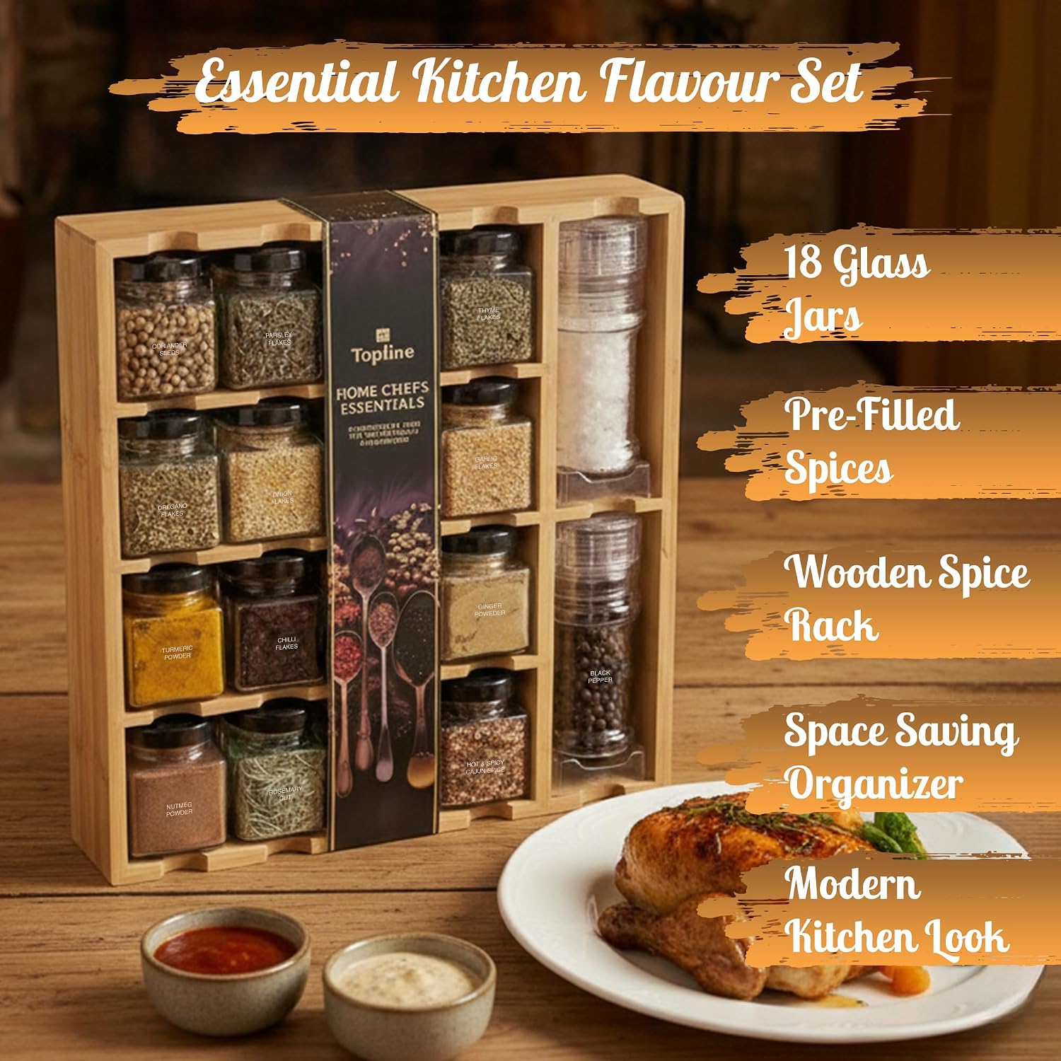 Thumbnail 2 de Topline Wooden Spice Rack with Spices Included – bamboo organiser with glass jars and salt & pepper grinders