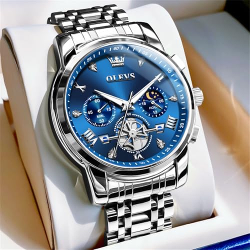 Detalle de OLEVS Chronograph Herrenuhr 42 mm Edelstahl, Quarz, 3 ATM wasserdicht – Silberblaues Zifferblatt