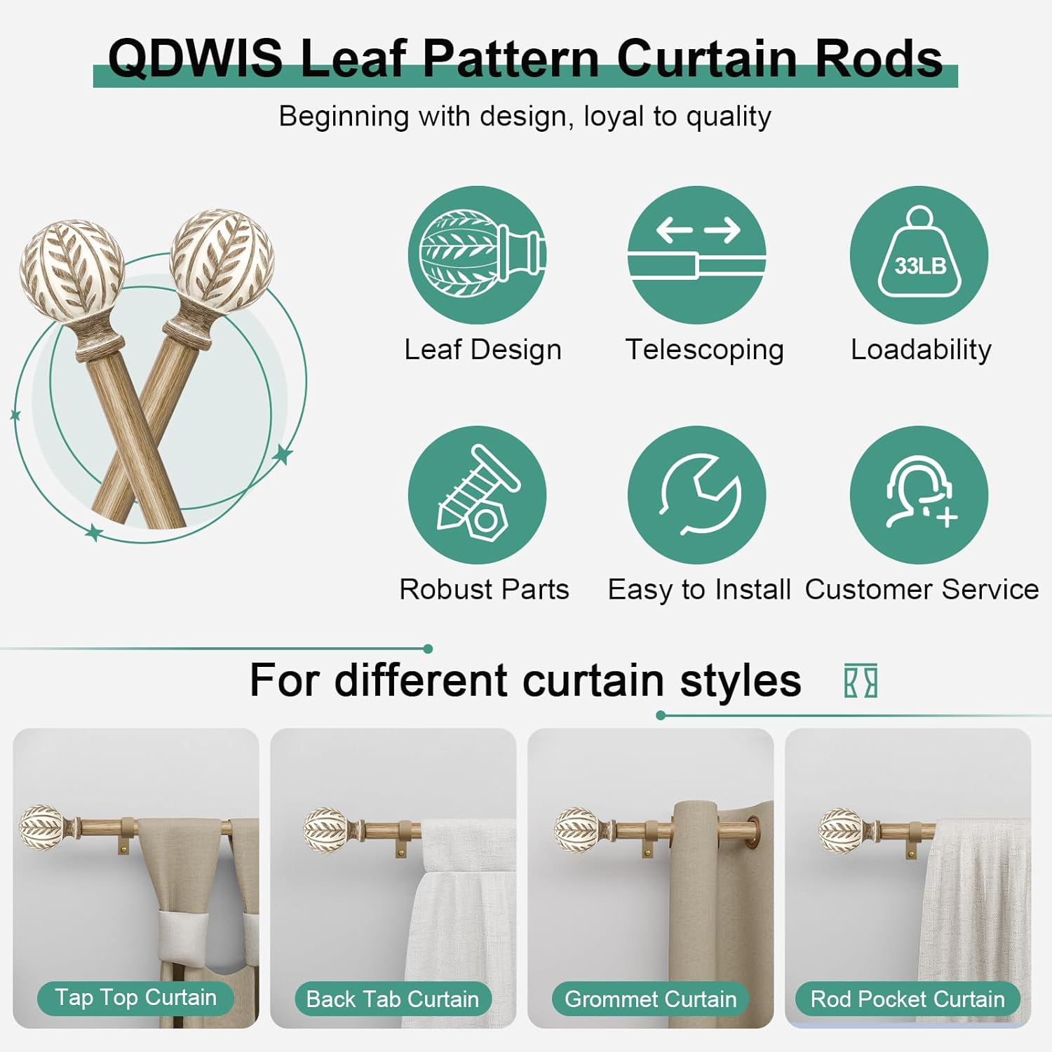 Thumbnail 5 de QDWIS Boho Wood Curtain Rods 48-84 in ๐ช
