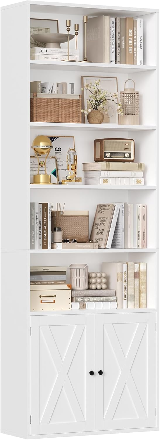 FirFurd Bibliothèque 209 cm blanche avec 2 portes et 8 étagères réglables