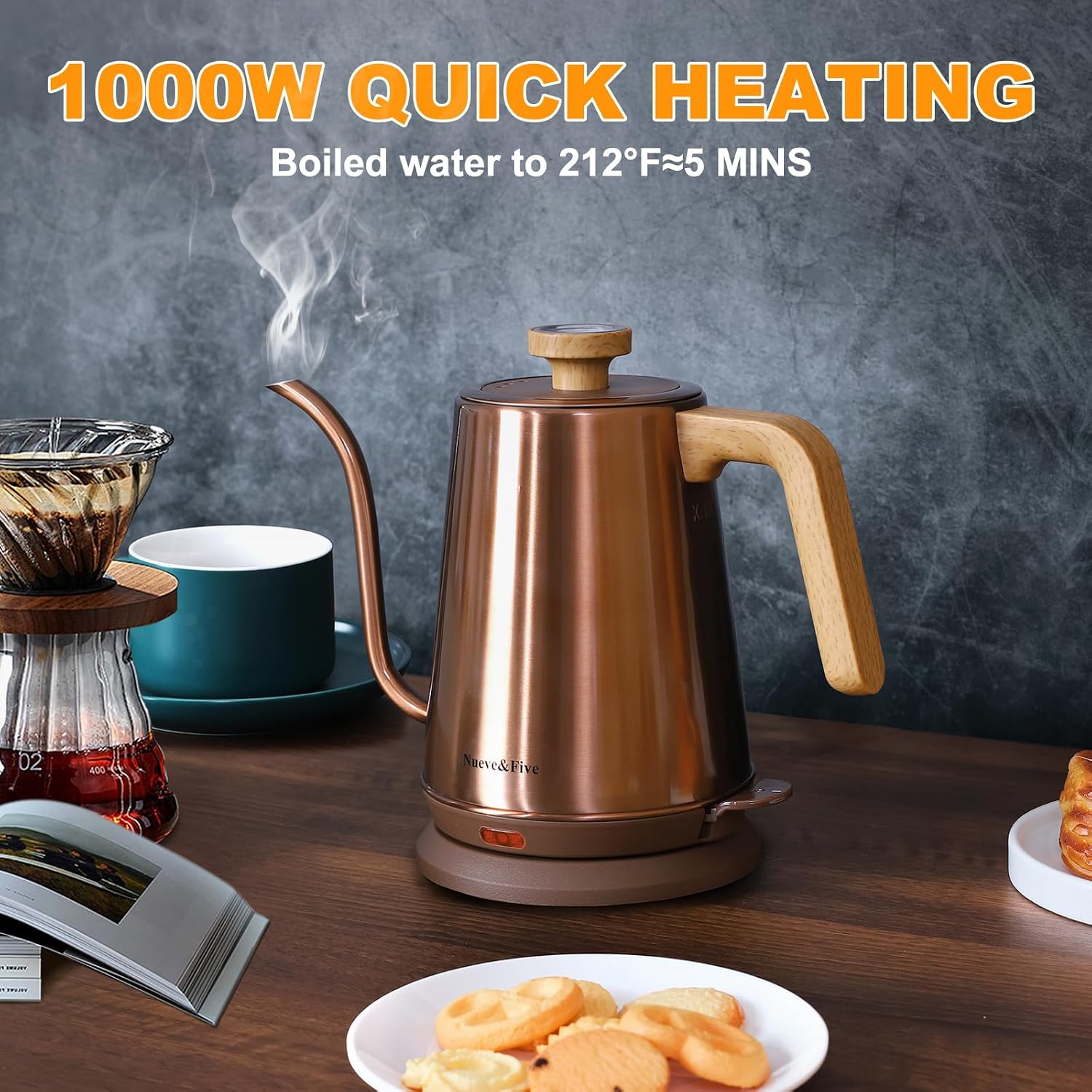 Thumbnail 4 de Nueve&Five Gooseneck Electric Kettle with Thermometer (Copper tea kettle style) — 1000W Stainless Steel