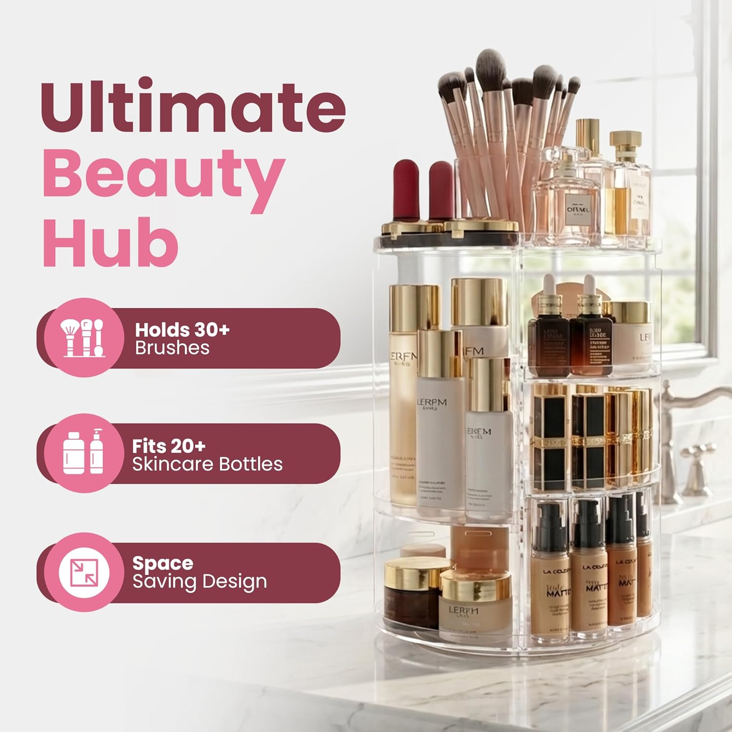 Thumbnail 1 de Masirs 360 Rotating Makeup Organizer Countertop
