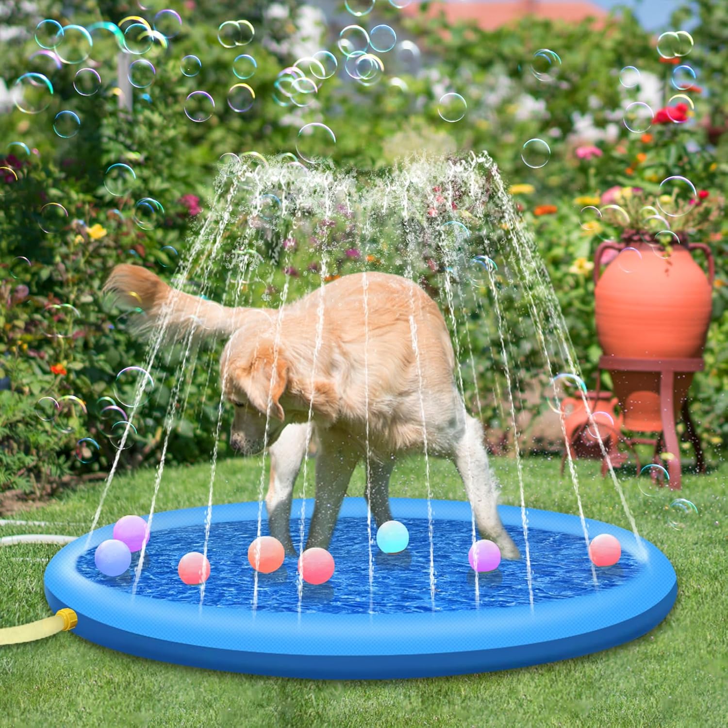 Detalle 2 de Jsdoin 100cm Inflatable Dogs Splash Pad – Foldable outdoor dog sprinkler play mat (Blue)