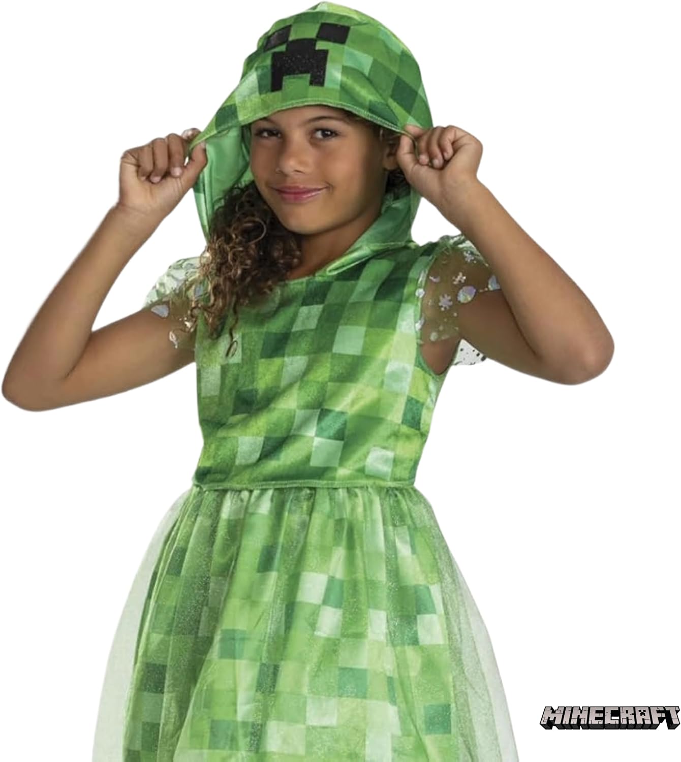 Detalle de Minecraft Creeper verkleedjurk met capuchon, pixelprint en meshdetails