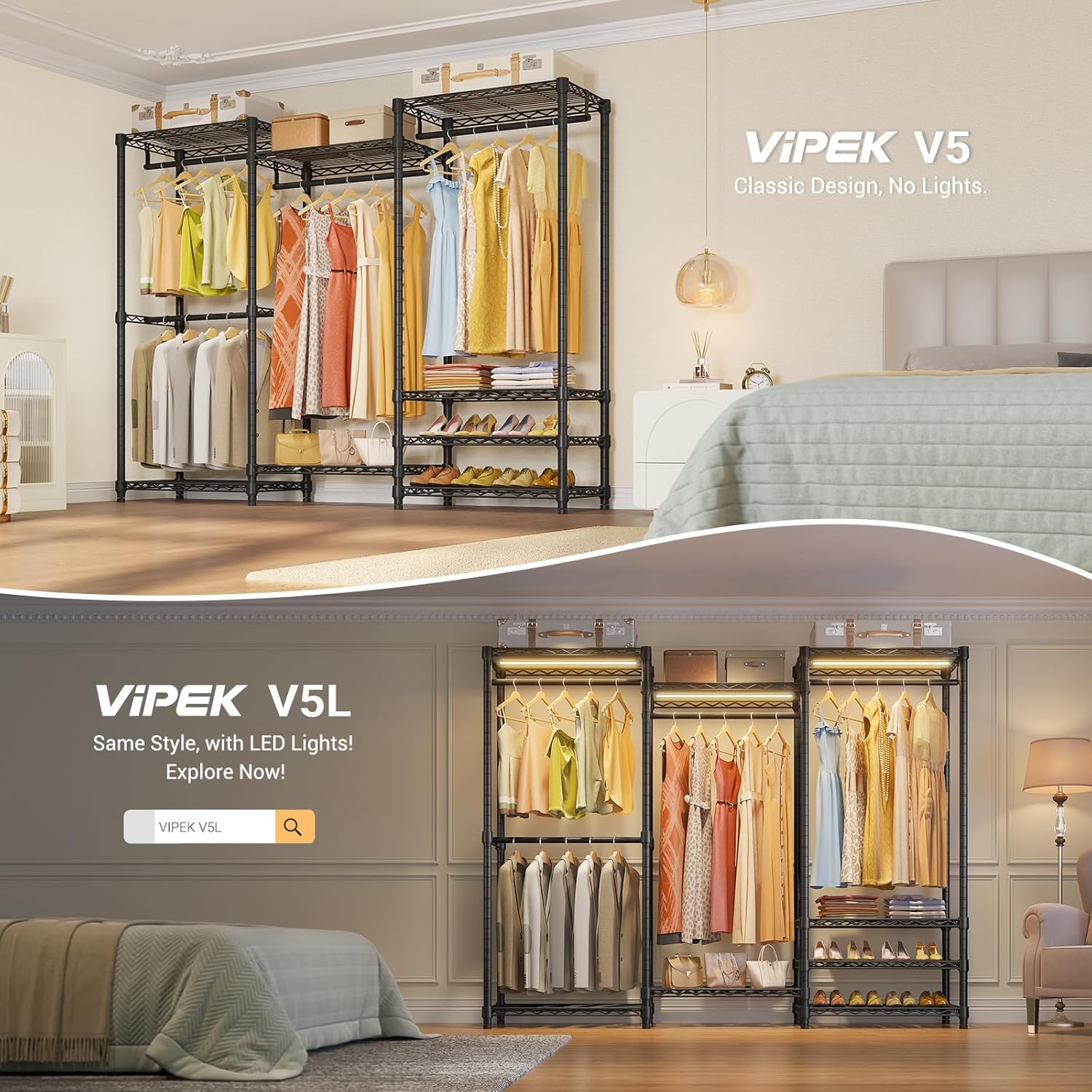 Detalle de VIPEK V5 Portable Closet Rack with 4 Rods, 8 Shelves, 890LBS