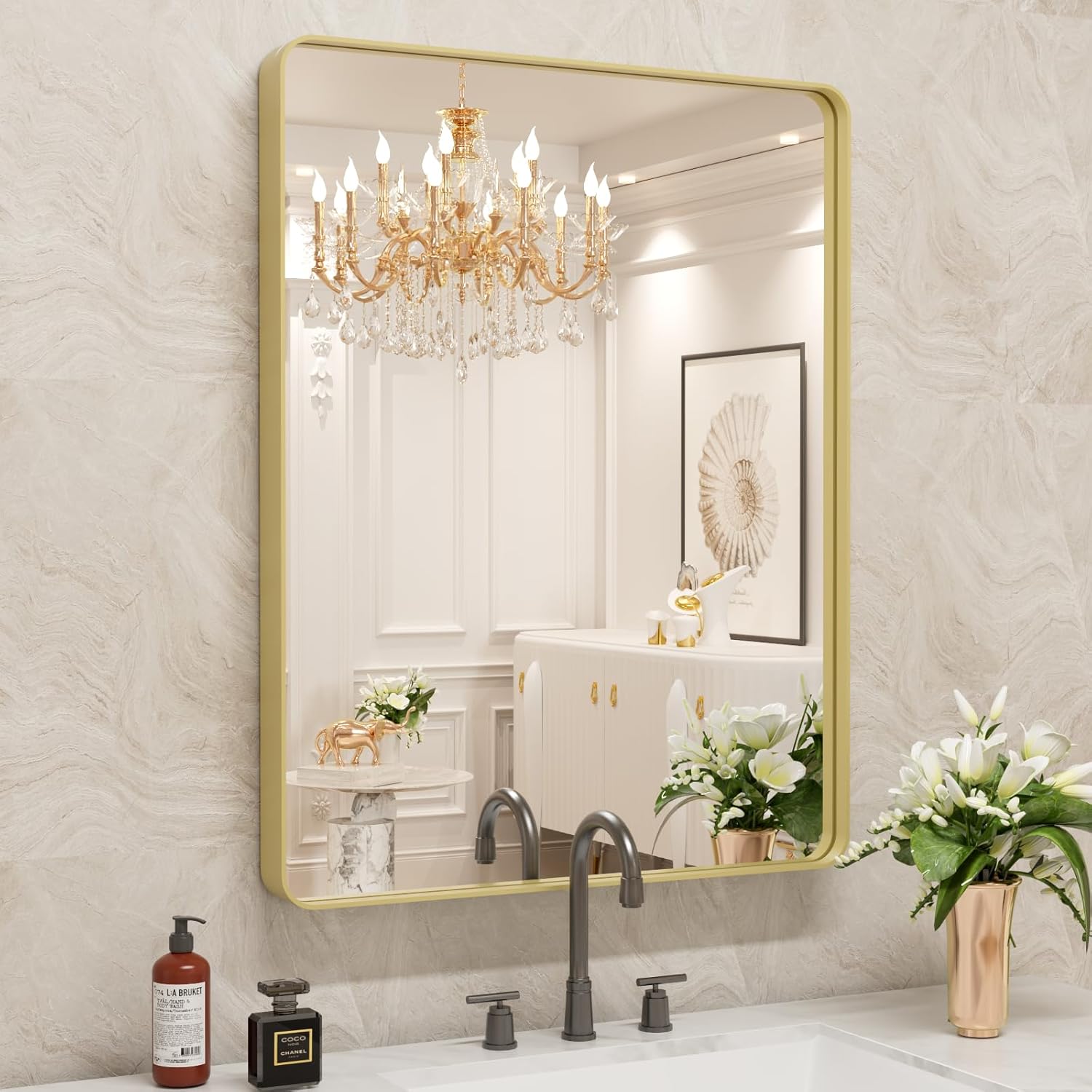 WEER Gold Bathroom Mirror, 24x36 Inch Brushed Gold Frame with Rounded Corners