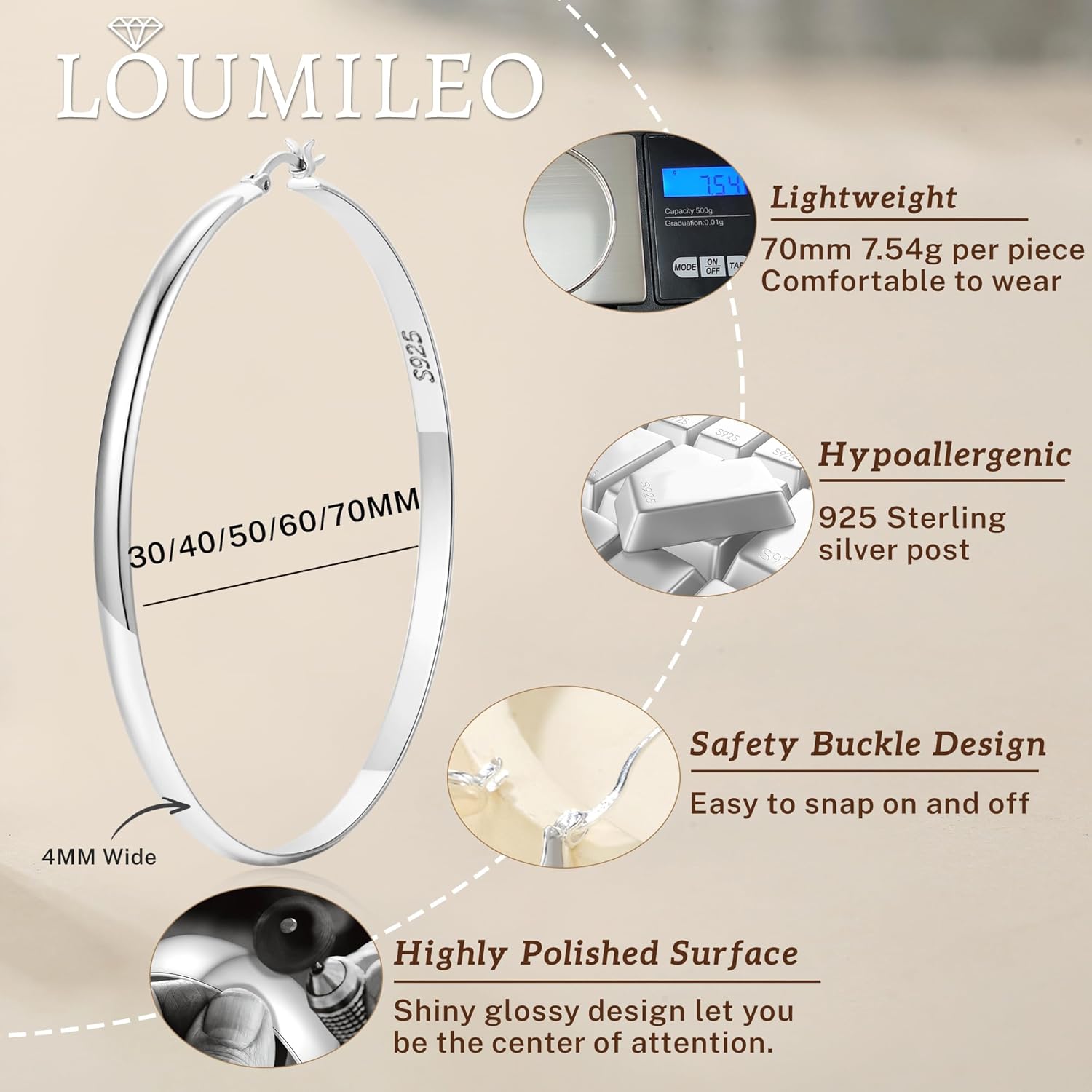 Thumbnail 3 de LOUMILEO 4mm Wide Large Silver Hoop Earrings (925 Sterling Silver, Hypoallergenic) — 30–70mm