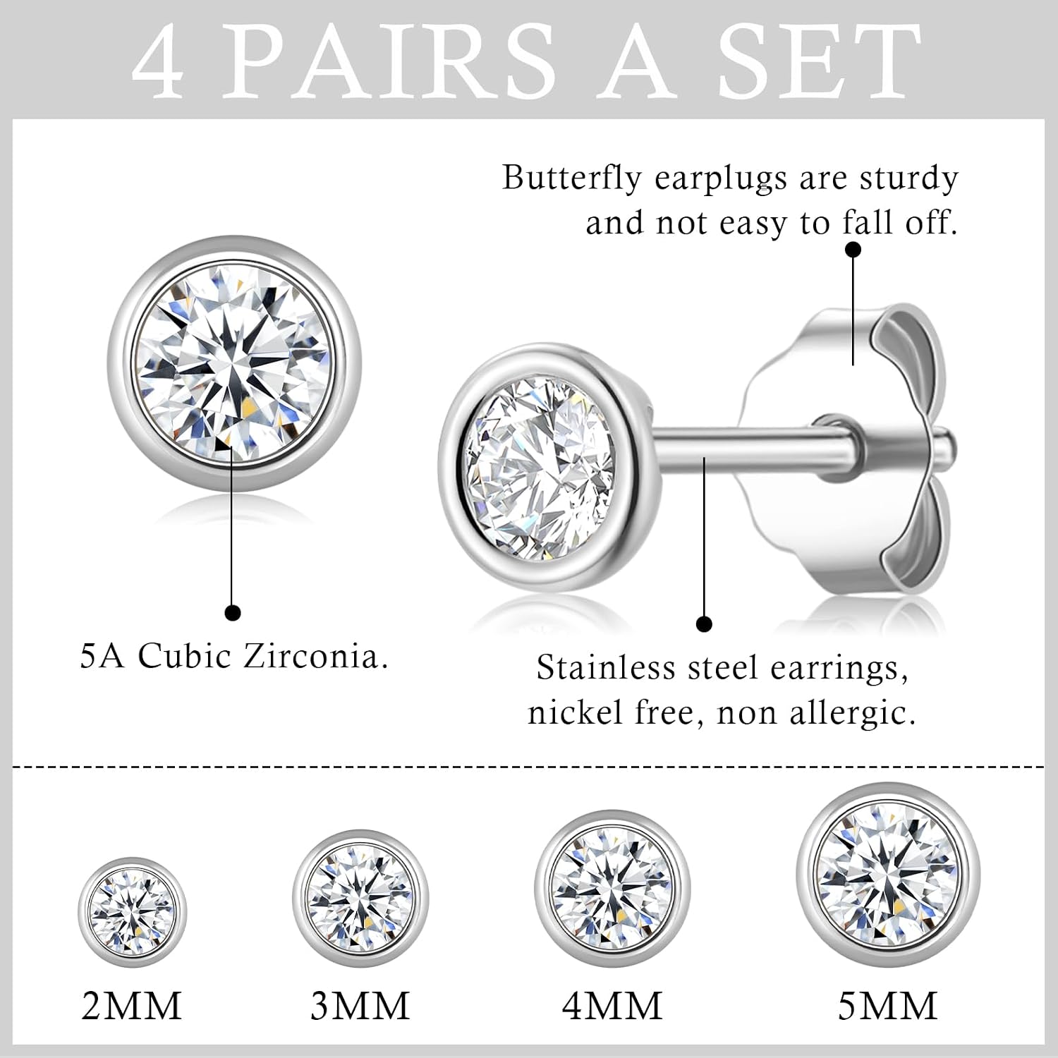 Detalle 2 de Ecripe 925 Sterling Silber Ohrstecker mit Zirkonia – hypoallergene Cubic-Zirkonia-Studs für Frauen