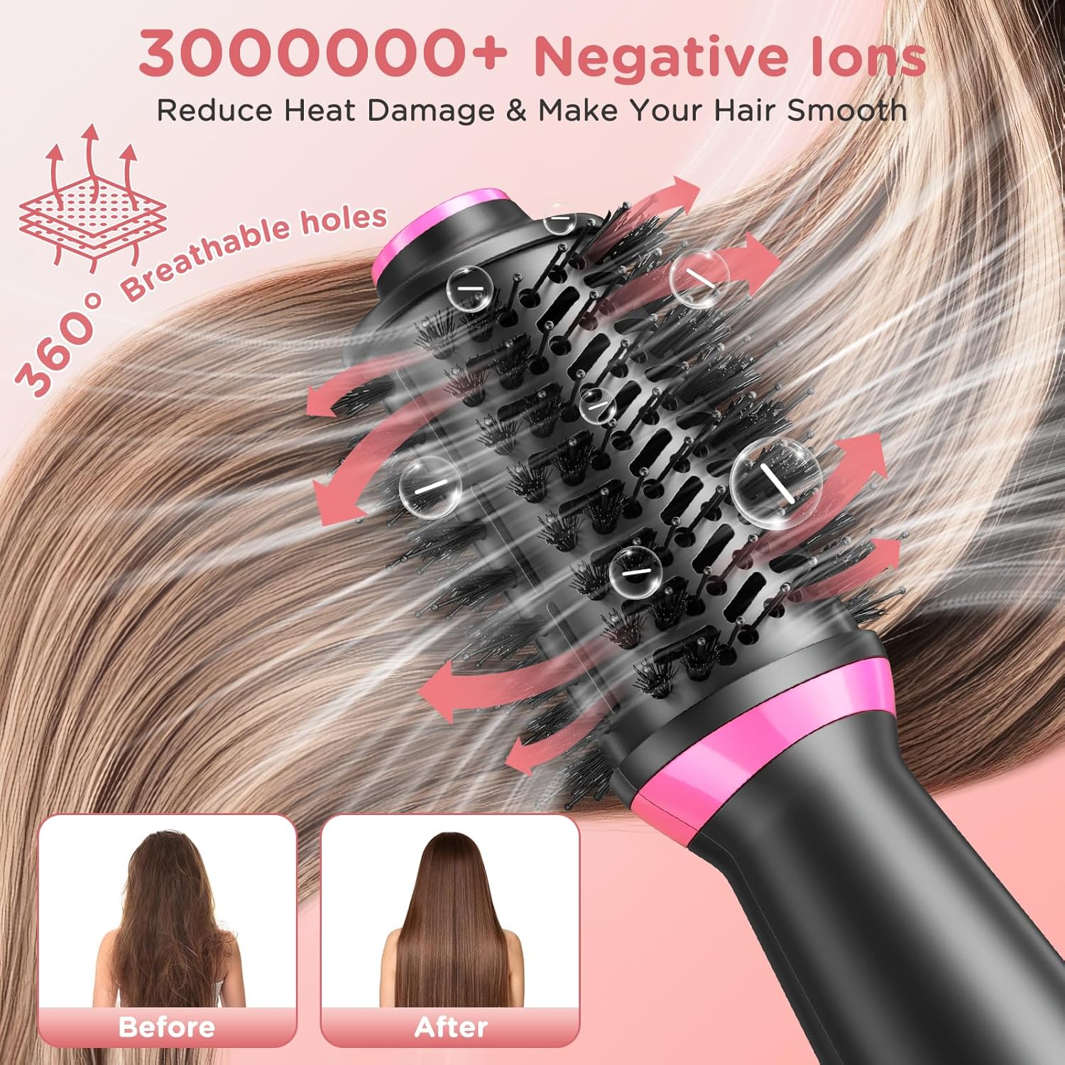 Thumbnail 1 de ONEWEST 3-in-1 Hair Dryer Brush (Dual Voltage) with Negative Ion Hot Air Brush, 2 Speeds and Travel Adapters