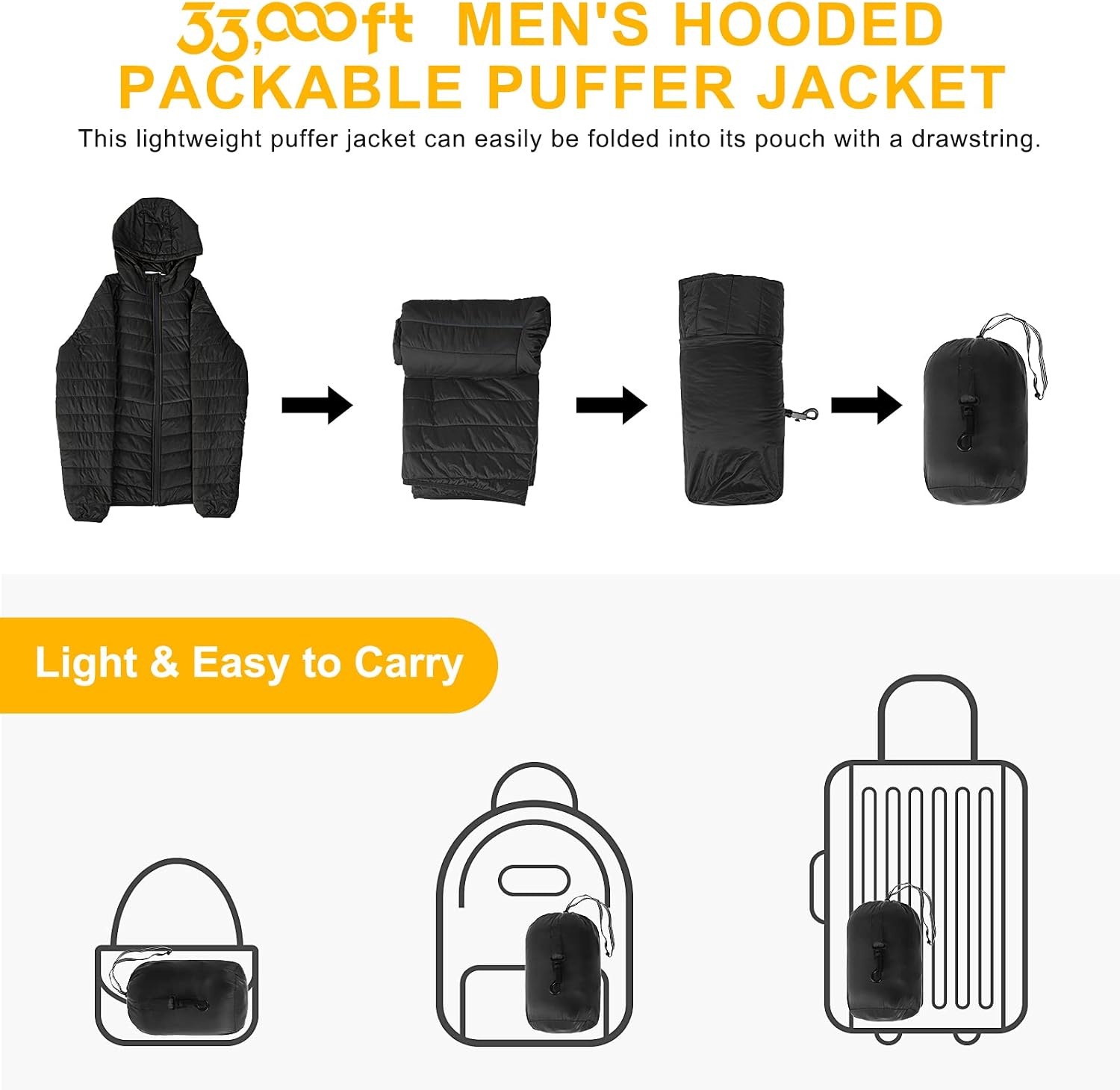 Detalle de 33,000ft Men's Lightweight Packable Insulated Puffer Jacket with Hood